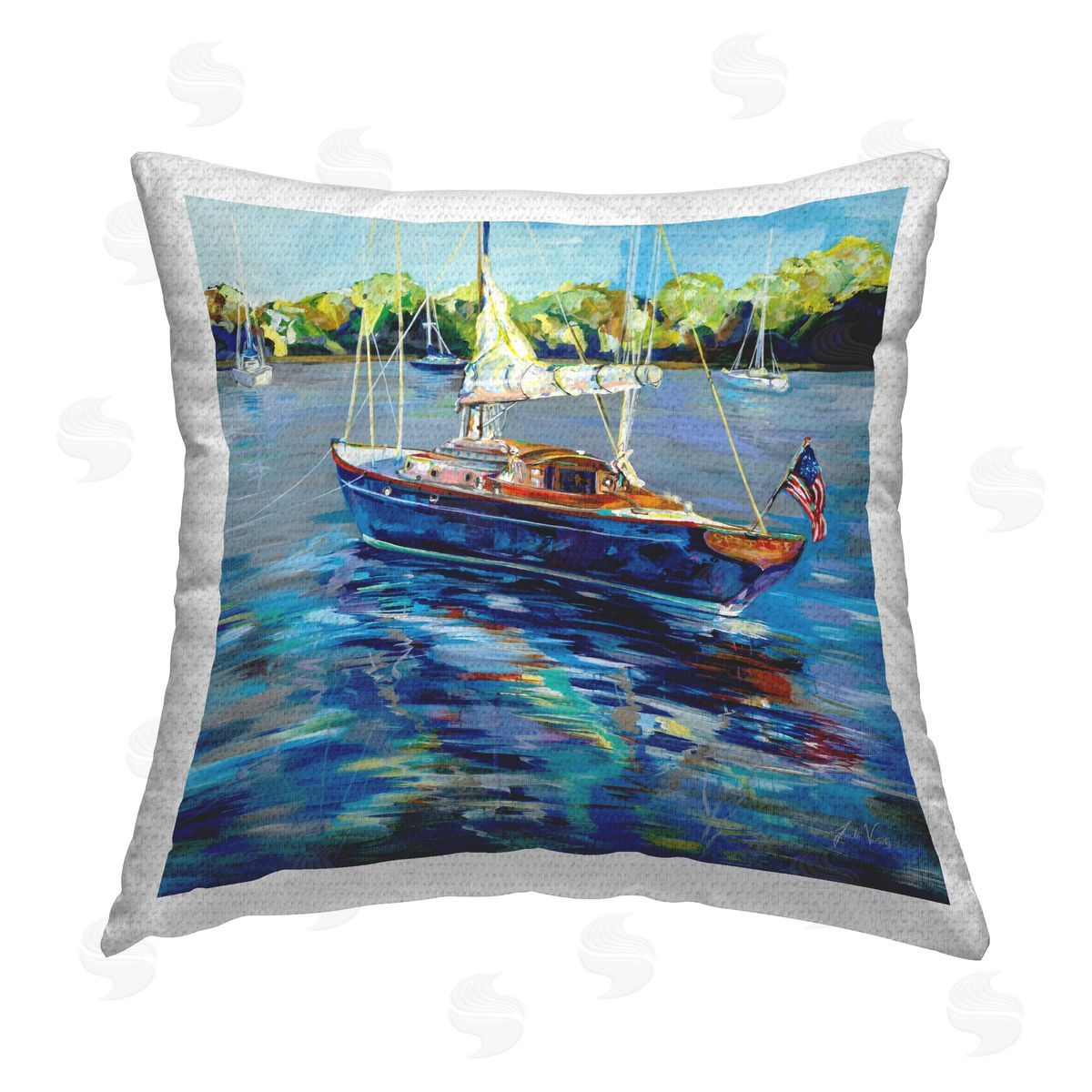 Americana Boat Landscape Outdoor Printed Pillow, Home Decor by Jeanette Vertentes