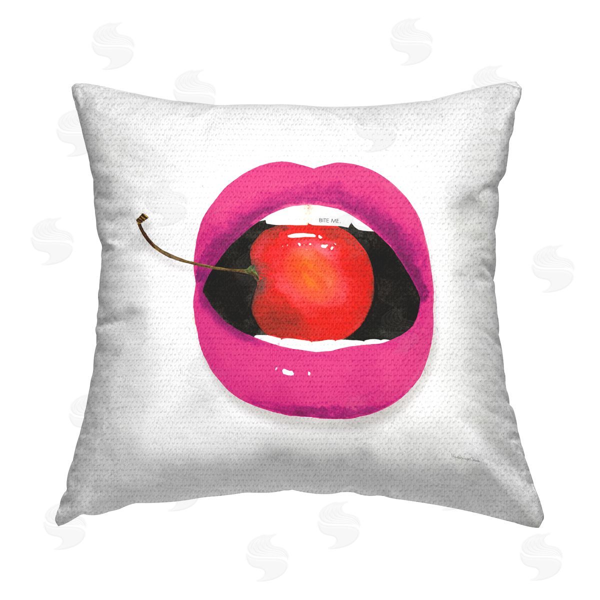 Bite Me Lips Biting Cherry Outdoor Printed Pillow, Home Decor by Mercedes Lopez Charro