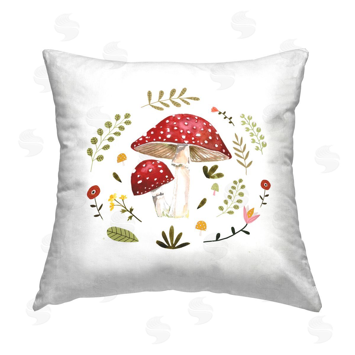 Mushrooms & Botanical Leaves Decorative Printed Pillow, Home Decor by Victoria Barnes