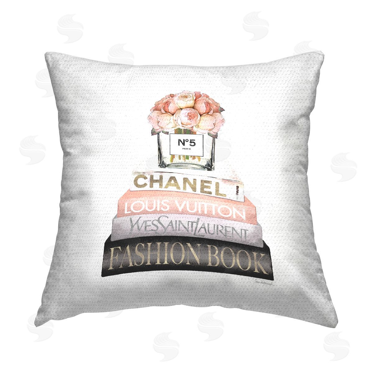 Pink Fashion Book Stack Flowers Outdoor Printed Pillow, Home Decor by Amanda Greenwood