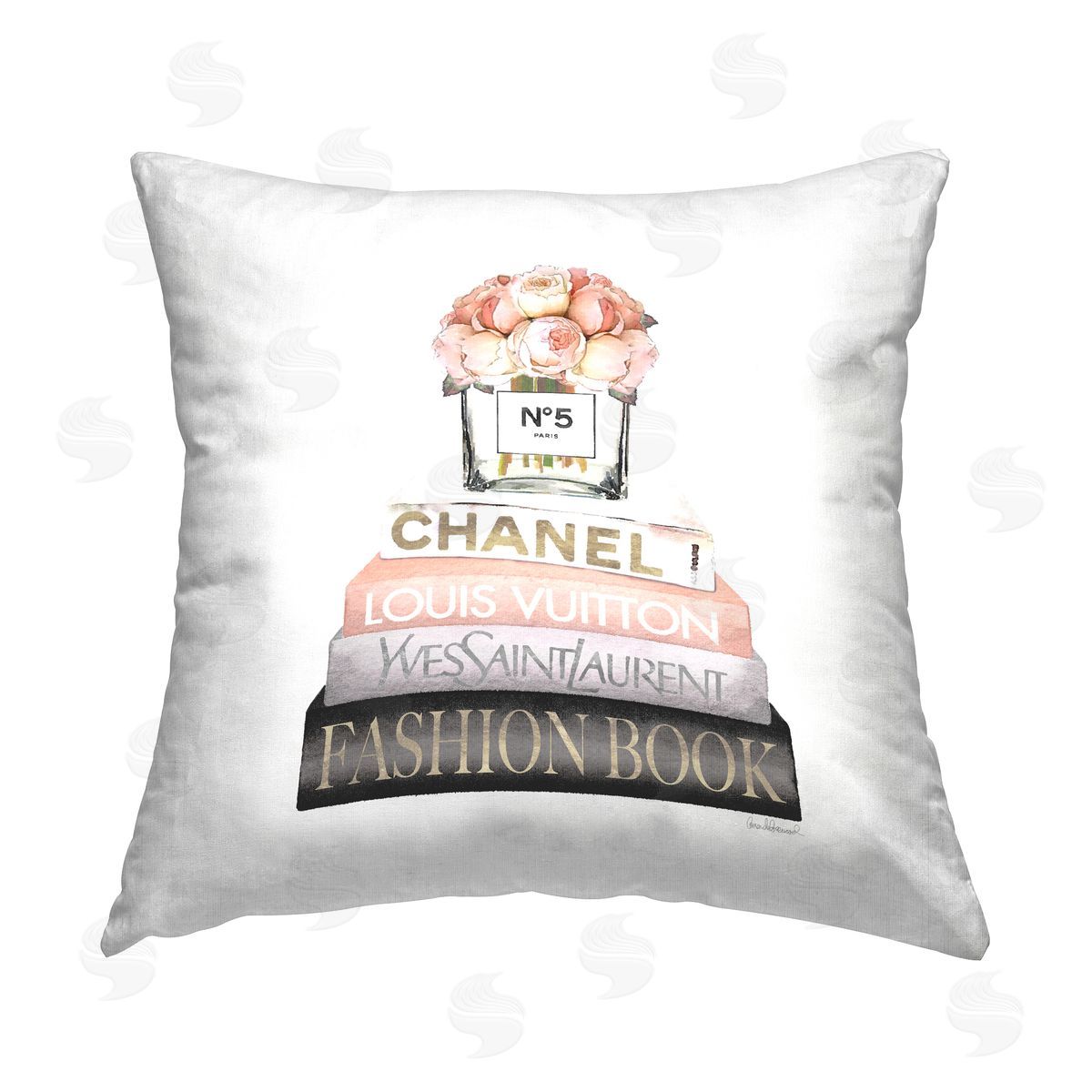 Pink Fashion Book Stack Flowers Decorative Printed Pillow, Home Decor by Amanda Greenwood