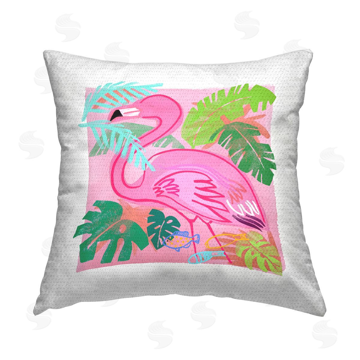 Pink Tropical Flamingo Leaves Outdoor Printed Pillow, Home Decor by Maret Hensick