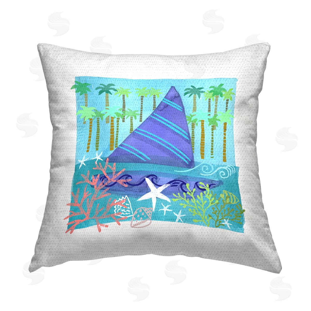 Tropical Sailboat Palm Trees Outdoor Printed Pillow, Home Decor by Maret Hensick