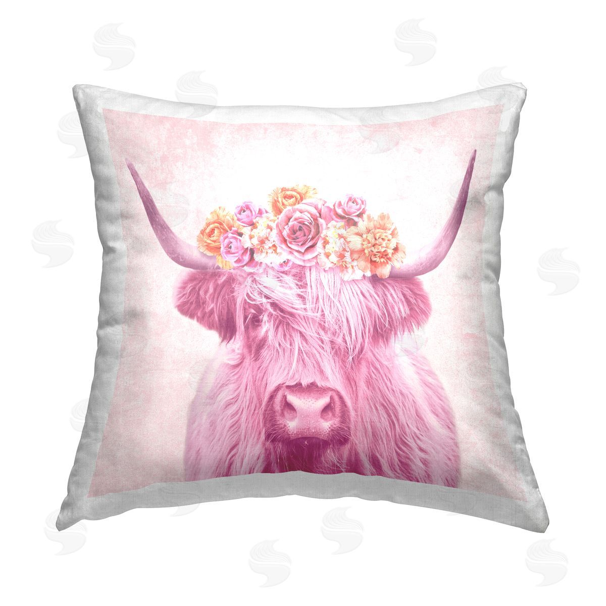 Pink Floral Cattle Farmhouse Decorative Printed Pillow, Home Decor by Elephant Stock