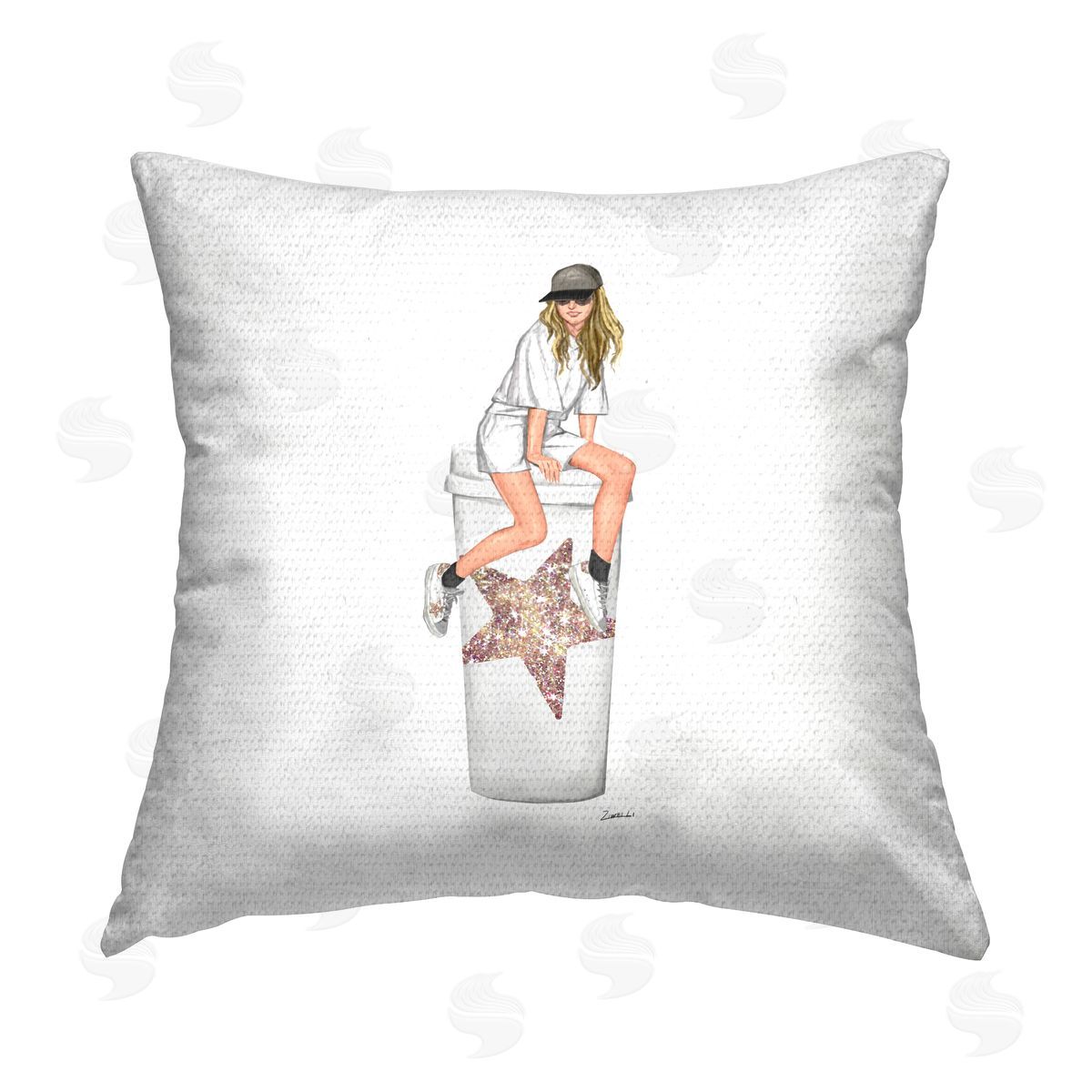 Girl Sitting Glam Coffee Cup Outdoor Printed Pillow, Home Decor by Ziwei Li