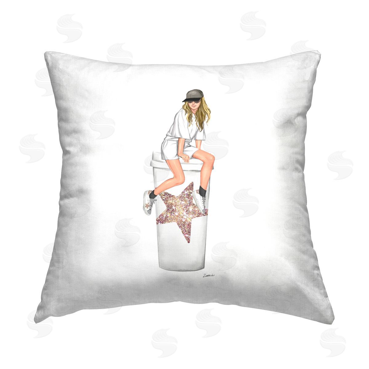 Girl Sitting Glam Coffee Cup Decorative Printed Pillow, Home Decor by Ziwei Li