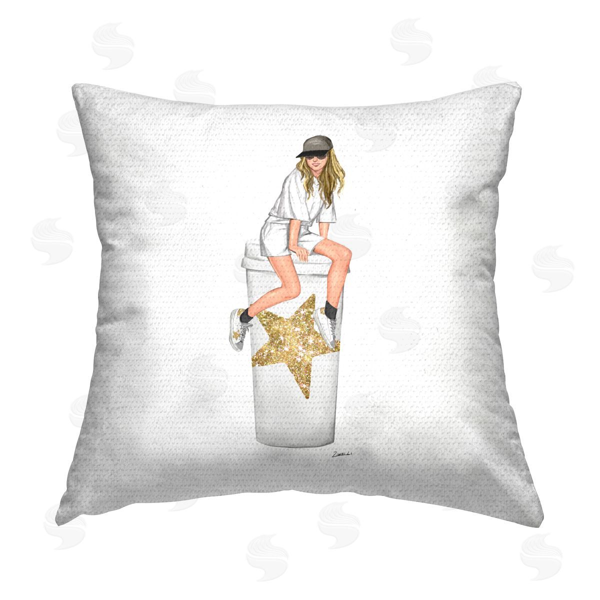 Glam Coffee Cup Fashion Girl Outdoor Printed Pillow, Home Decor by Ziwei Li