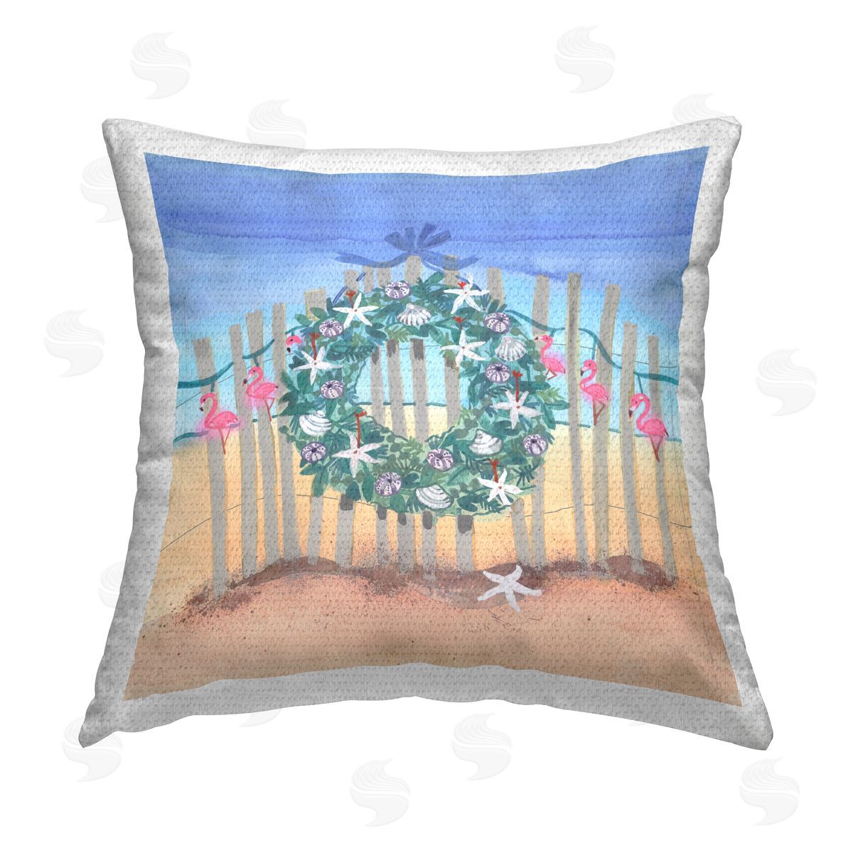 Coastal Holiday Beach Wreath Outdoor Printed Pillow, Home Decor by Maret Hensick