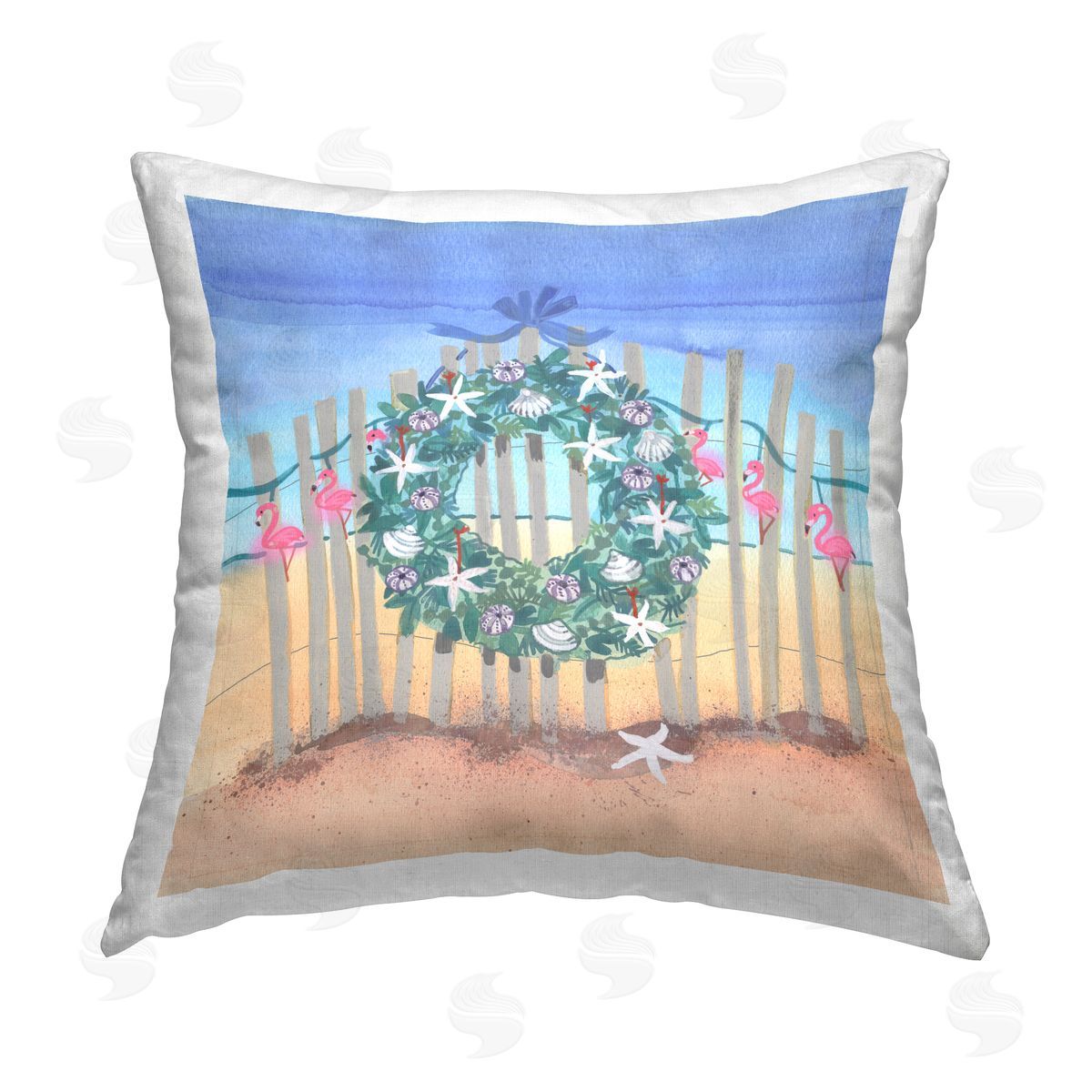 Coastal Holiday Beach Wreath Decorative Printed Pillow, Home Decor by Maret Hensick