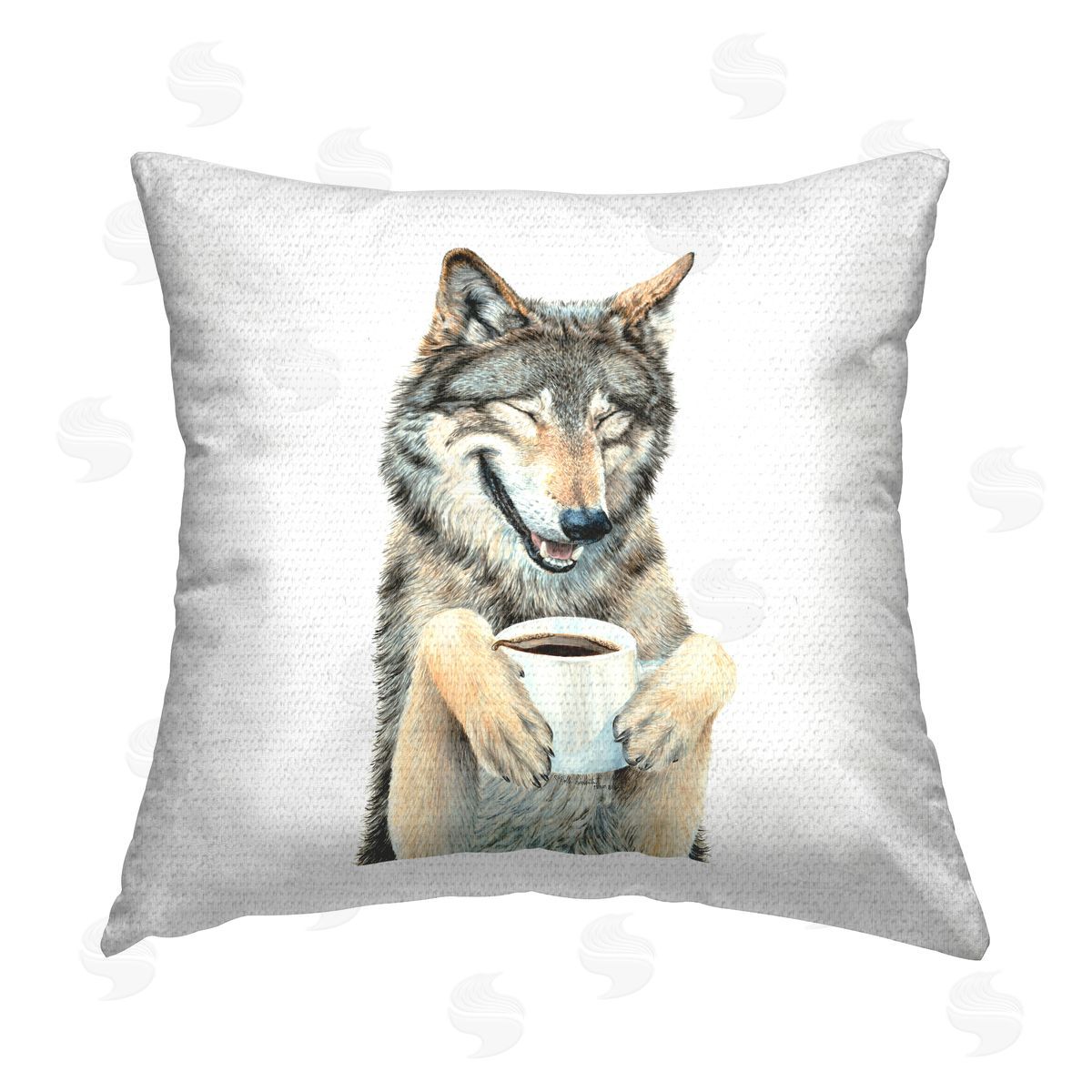 Happy Wolf with Coffee Outdoor Printed Pillow, Home Decor by Holly Simental