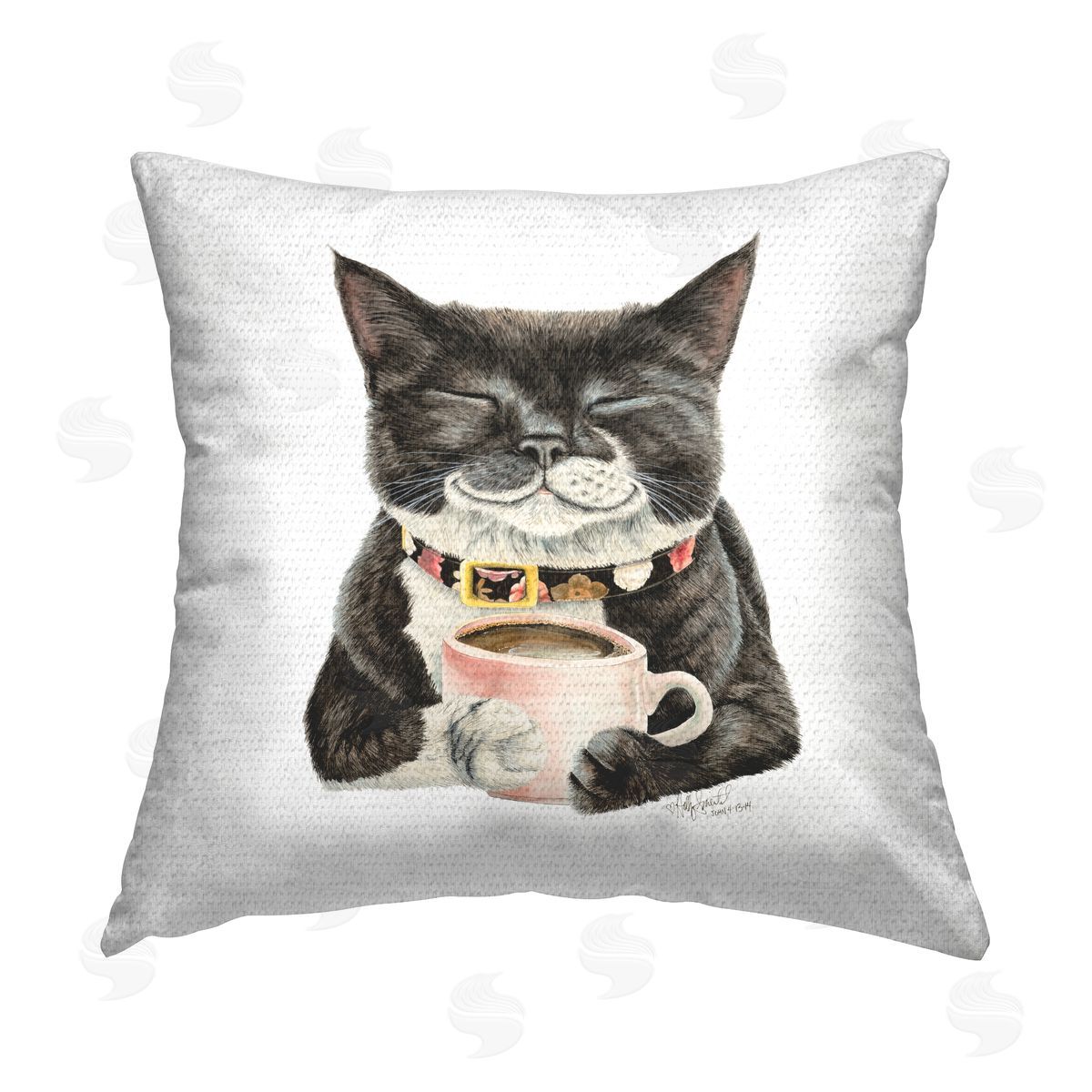 Manx Cat Drinking Coffee Outdoor Printed Pillow, Home Decor by Holly Simental