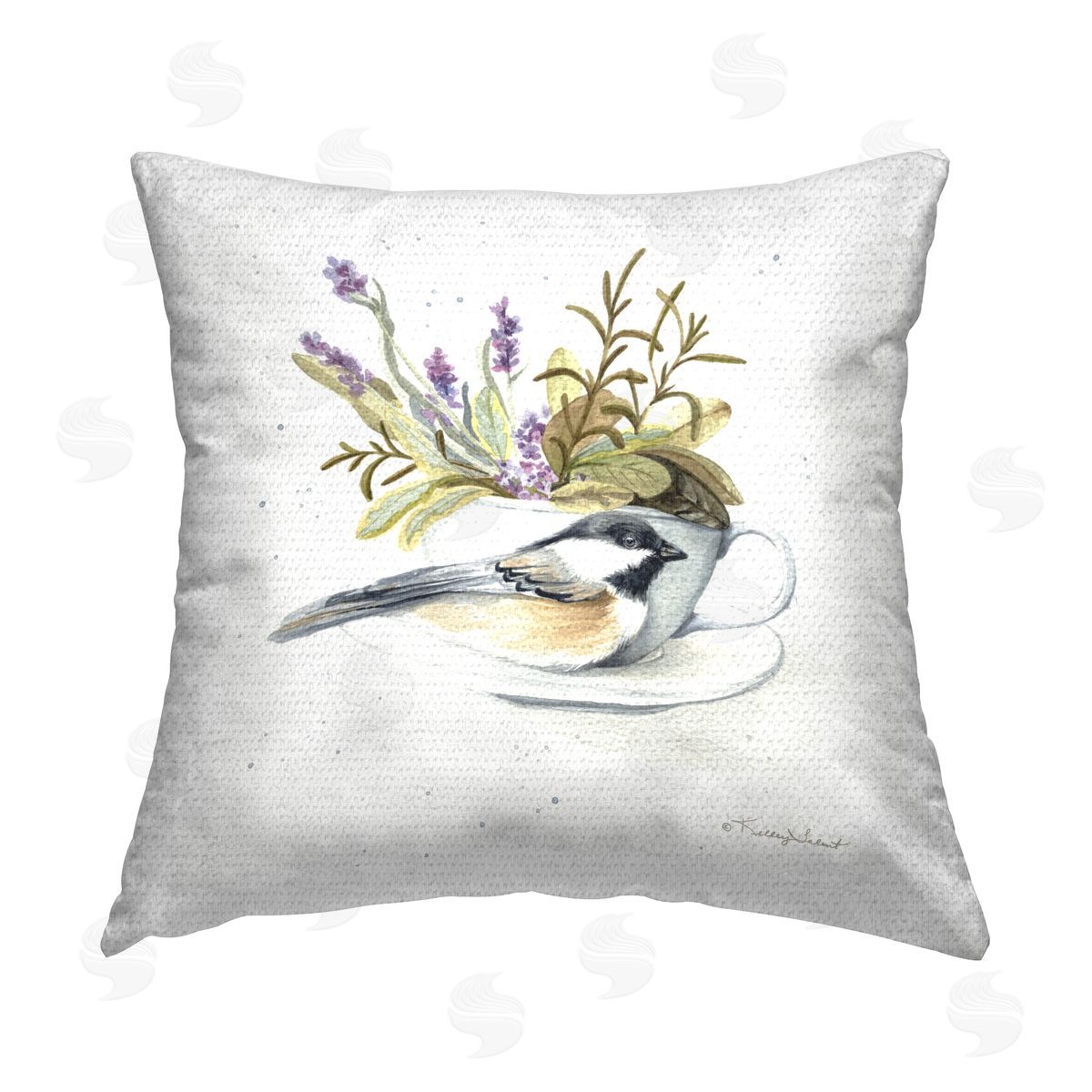 Bird on Lavender Teacup Outdoor Printed Pillow, Home Decor by Kelley Talent