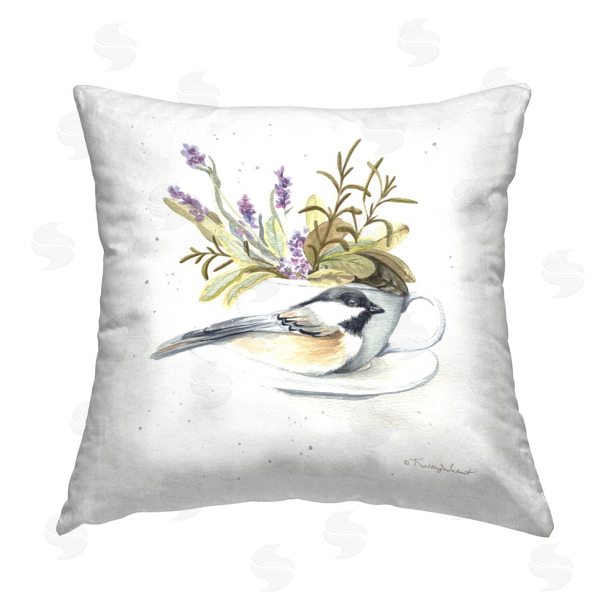 Bird on Lavender Teacup Decorative Printed Pillow, Home Decor by Kelley Talent