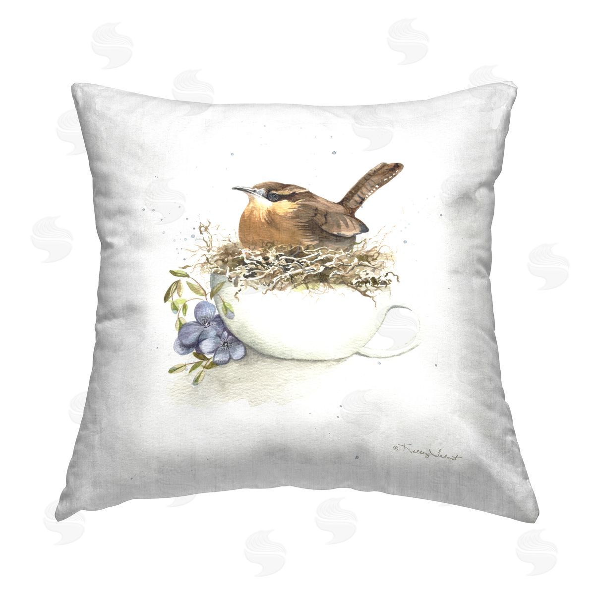 Brown Bird on Teacup Nest Decorative Printed Pillow, Home Decor by Kelley Talent