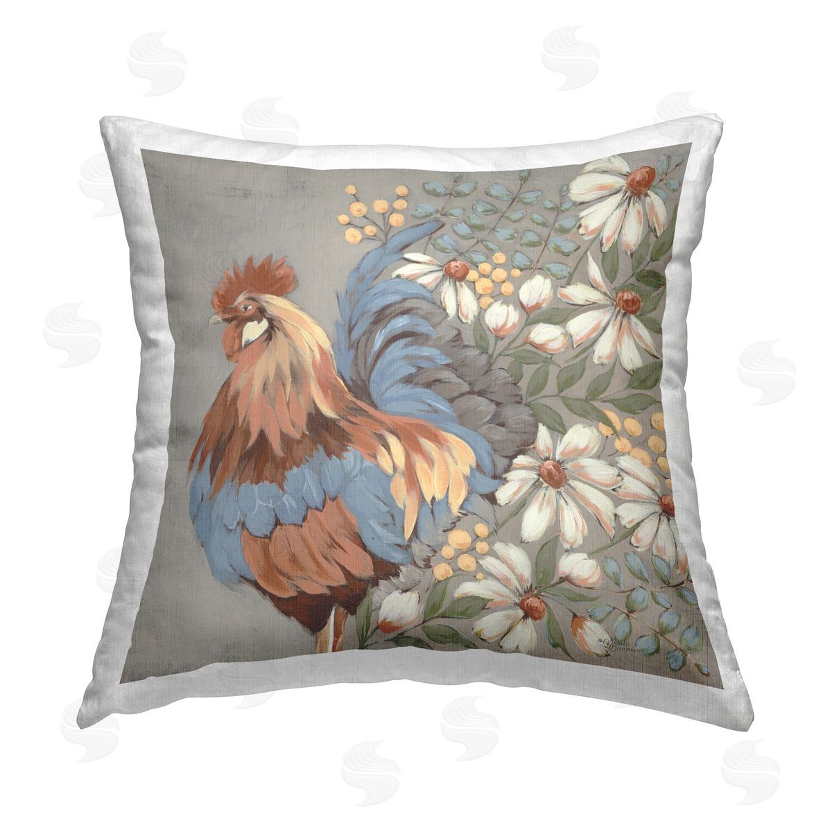 Rooster & Floral Daisies Decorative Printed Pillow, Home Decor by Michele Norman
