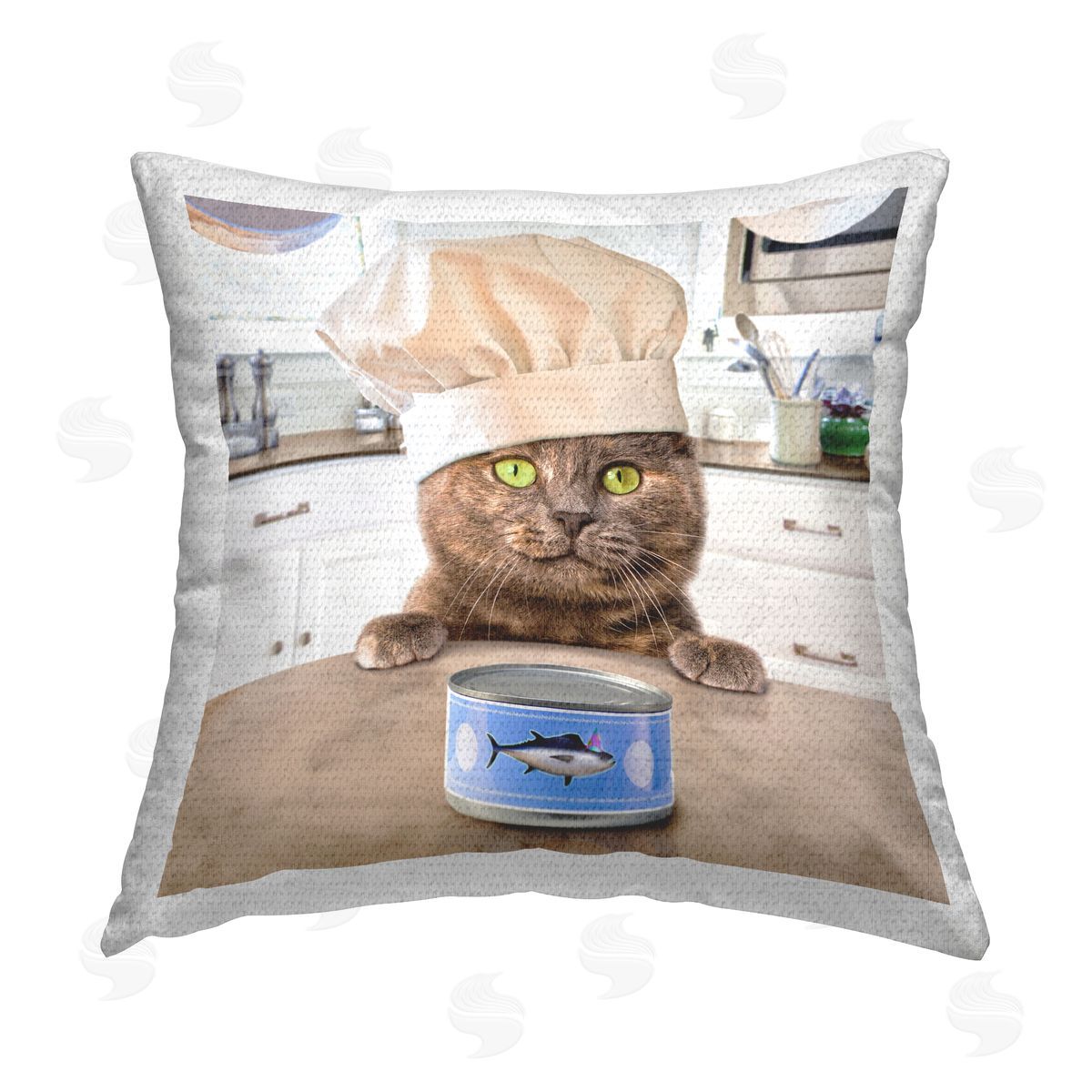 Chef Cat with Tuna Can Outdoor Printed Pillow, Home Decor by Michael Quackenbush
