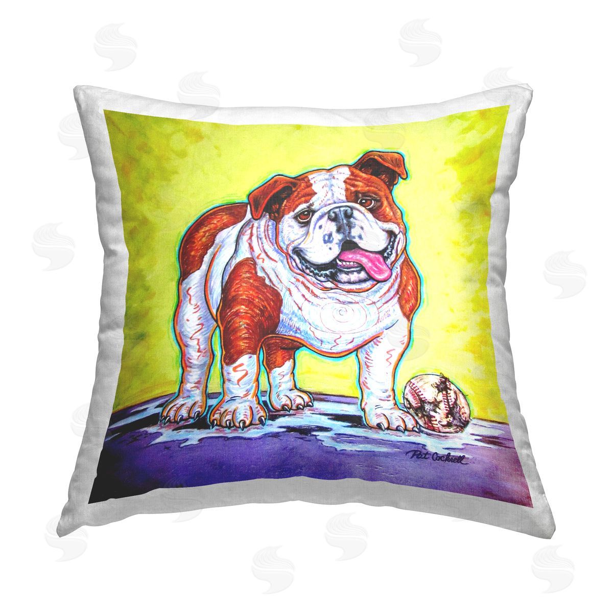 Happy Bulldog with Baseball Decorative Printed Pillow, Home Decor by Pat Cockrell