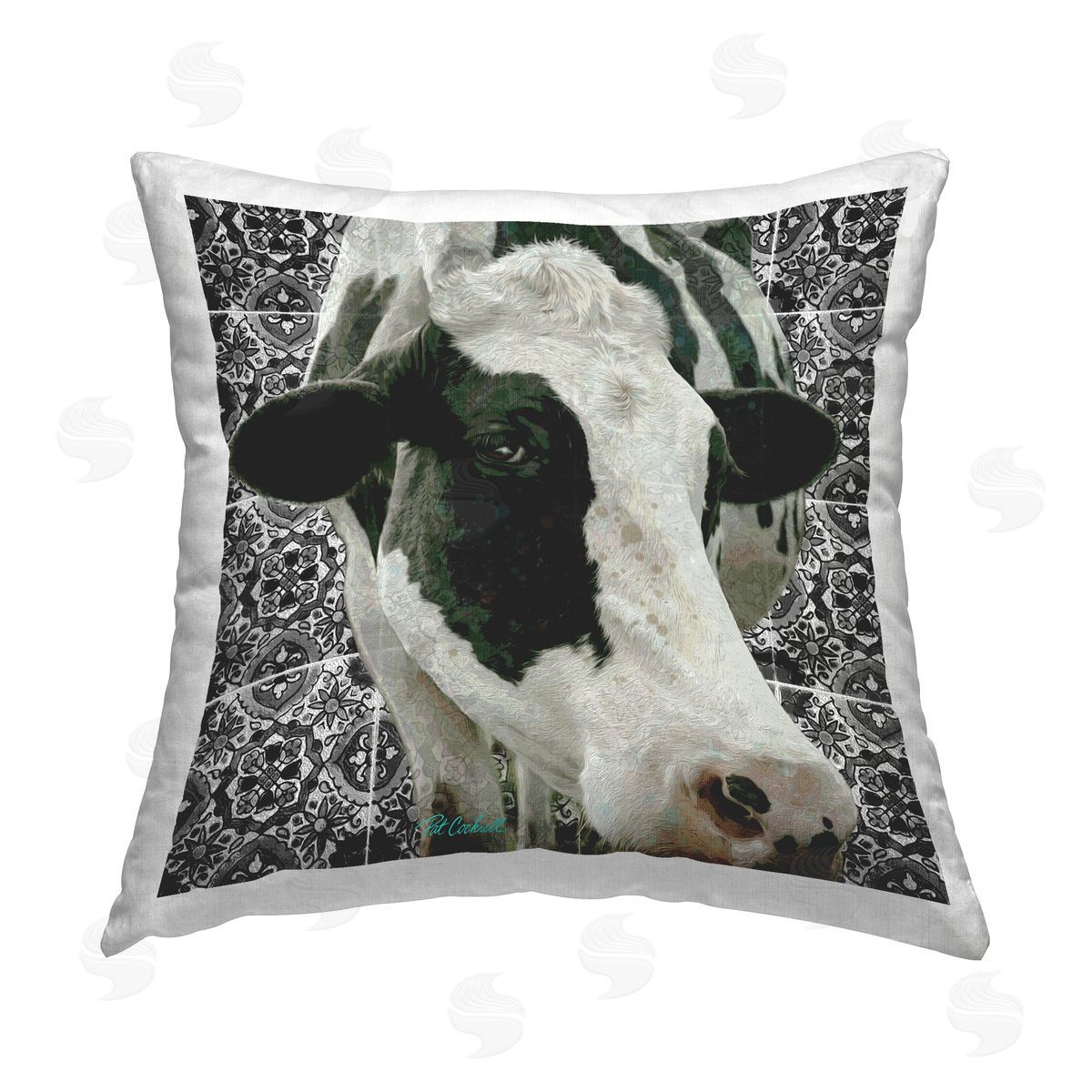 Cow on Mosaic Pattern Decorative Printed Pillow, Home Decor by Pat Cockrell