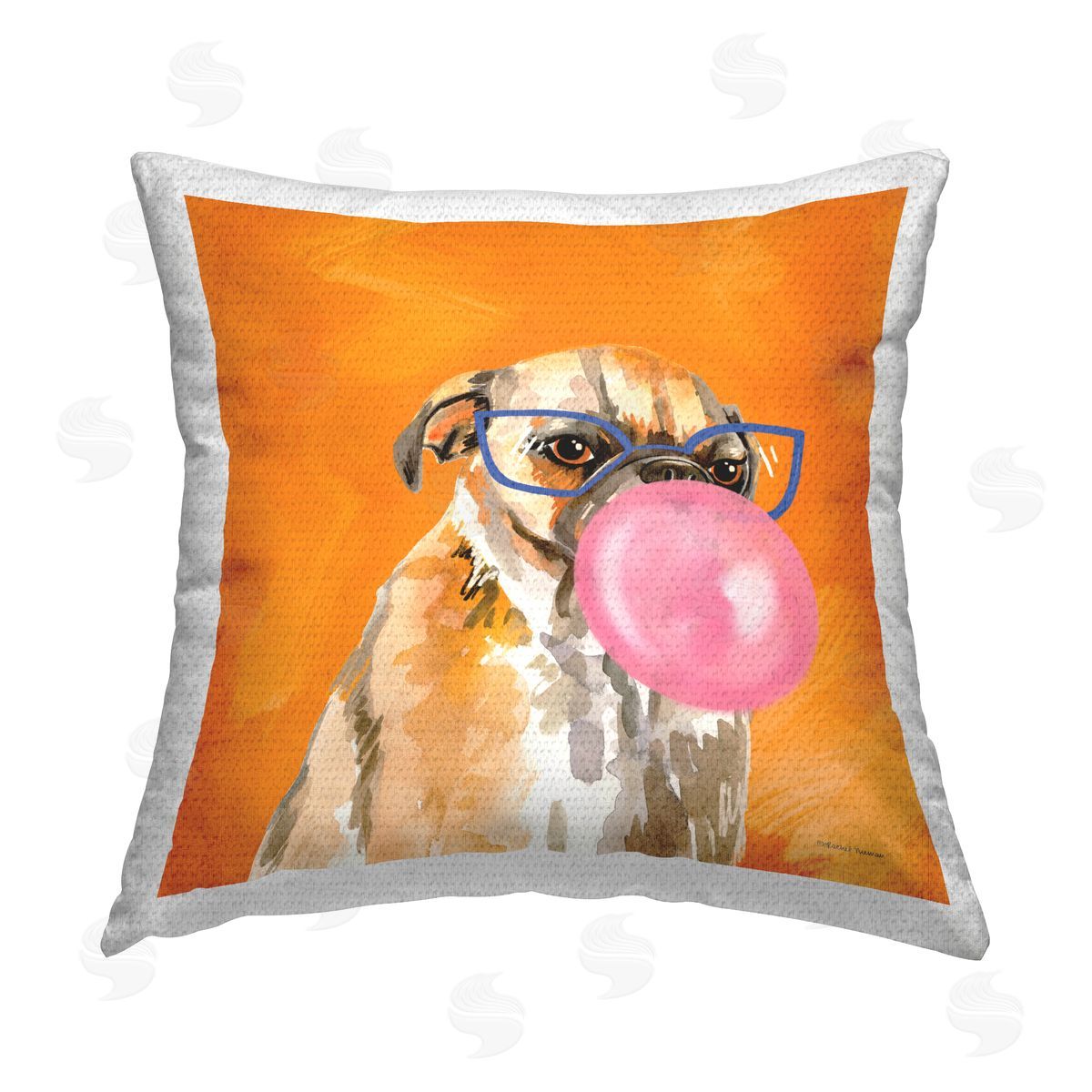 Dog in Glasses with Bubblegum Outdoor Printed Pillow, Home Decor by Rachel Nieman