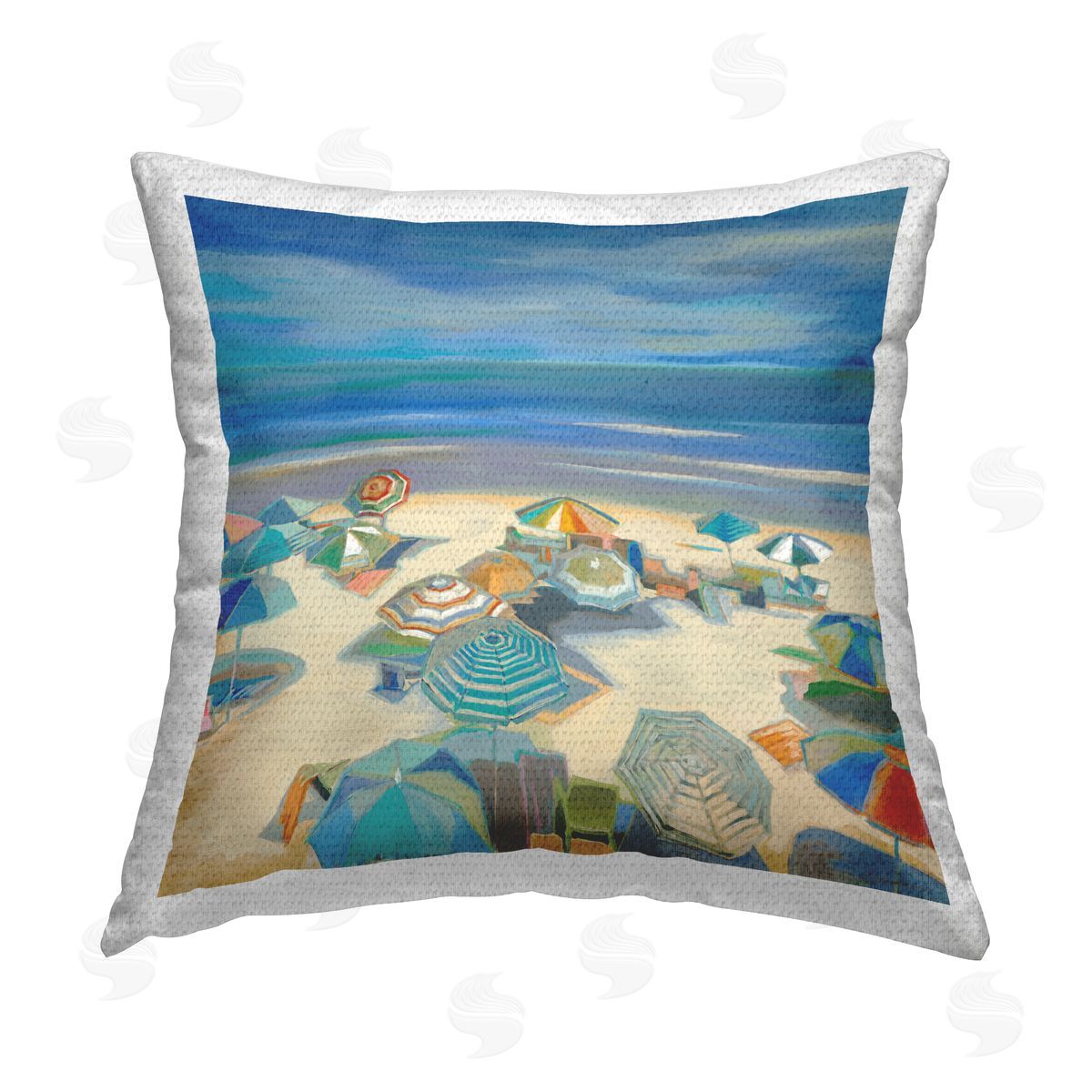 Beach Umbrellas on Shoreline Outdoor Printed Pillow, Home Decor by Liz Jardine