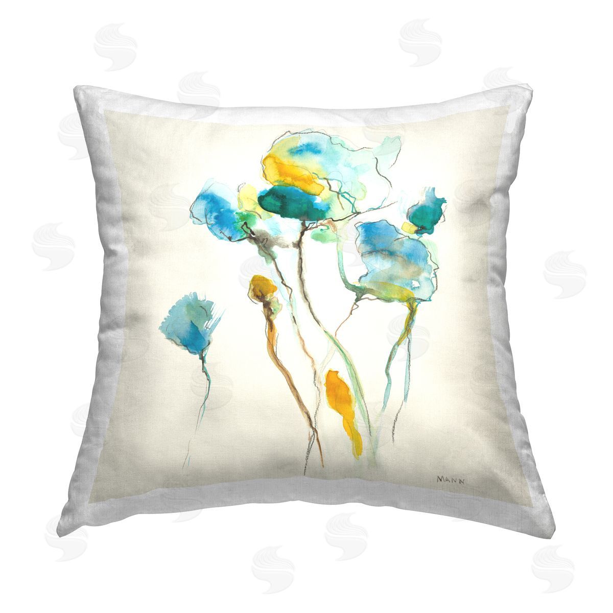 Blue Abstract Flower Sprigs Decorative Printed Pillow, Home Decor by Patti Mann