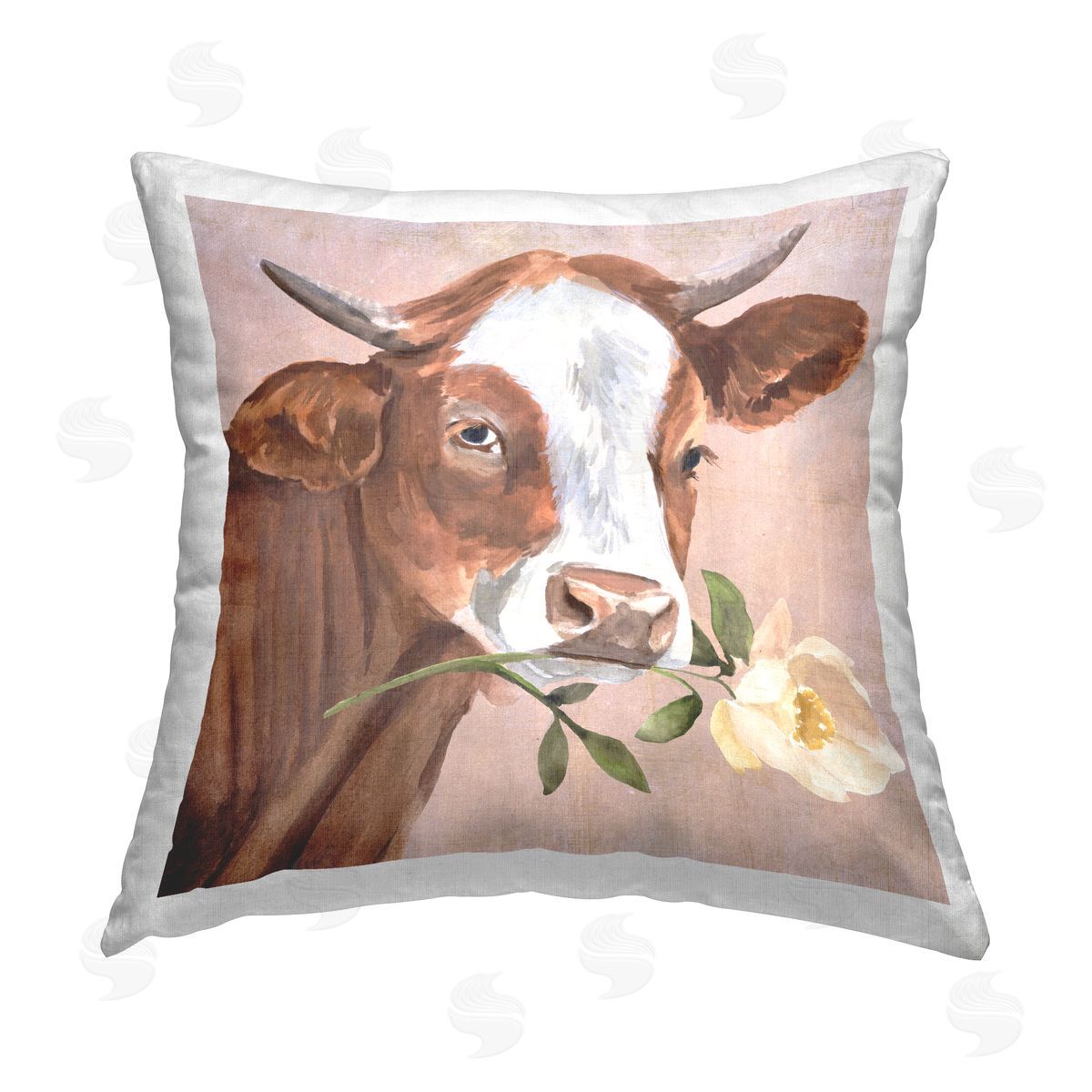 Cattle with Flower Sprig Decorative Printed Pillow, Home Decor by Annie Warren