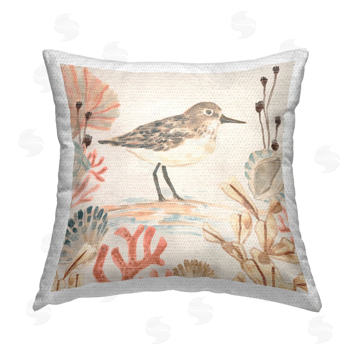 Sandpiper with Coral Border Outdoor Printed Pillow, Home Decor by June Erica Vess