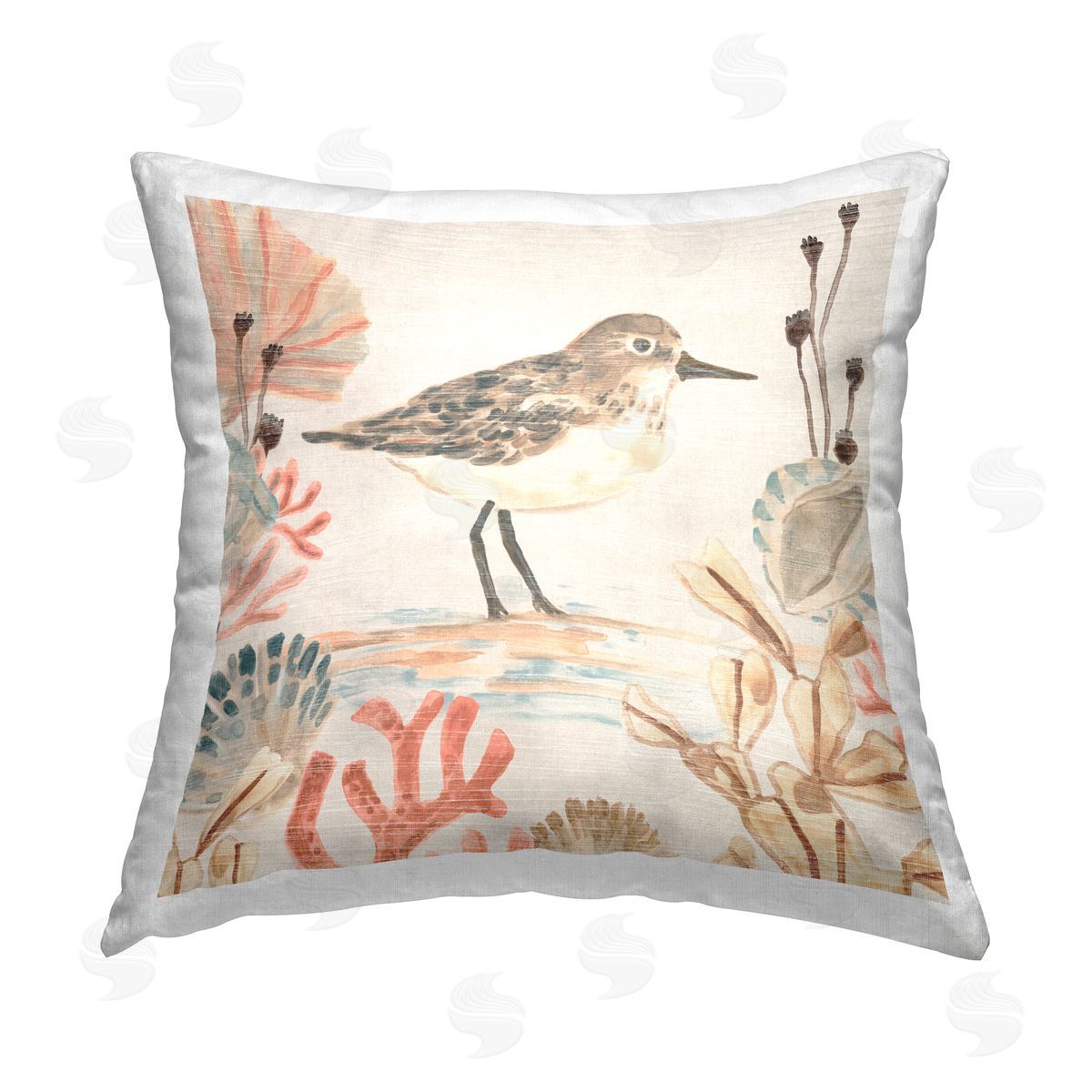 Sandpiper with Coral Border Decorative Printed Pillow, Home Decor by June Erica Vess