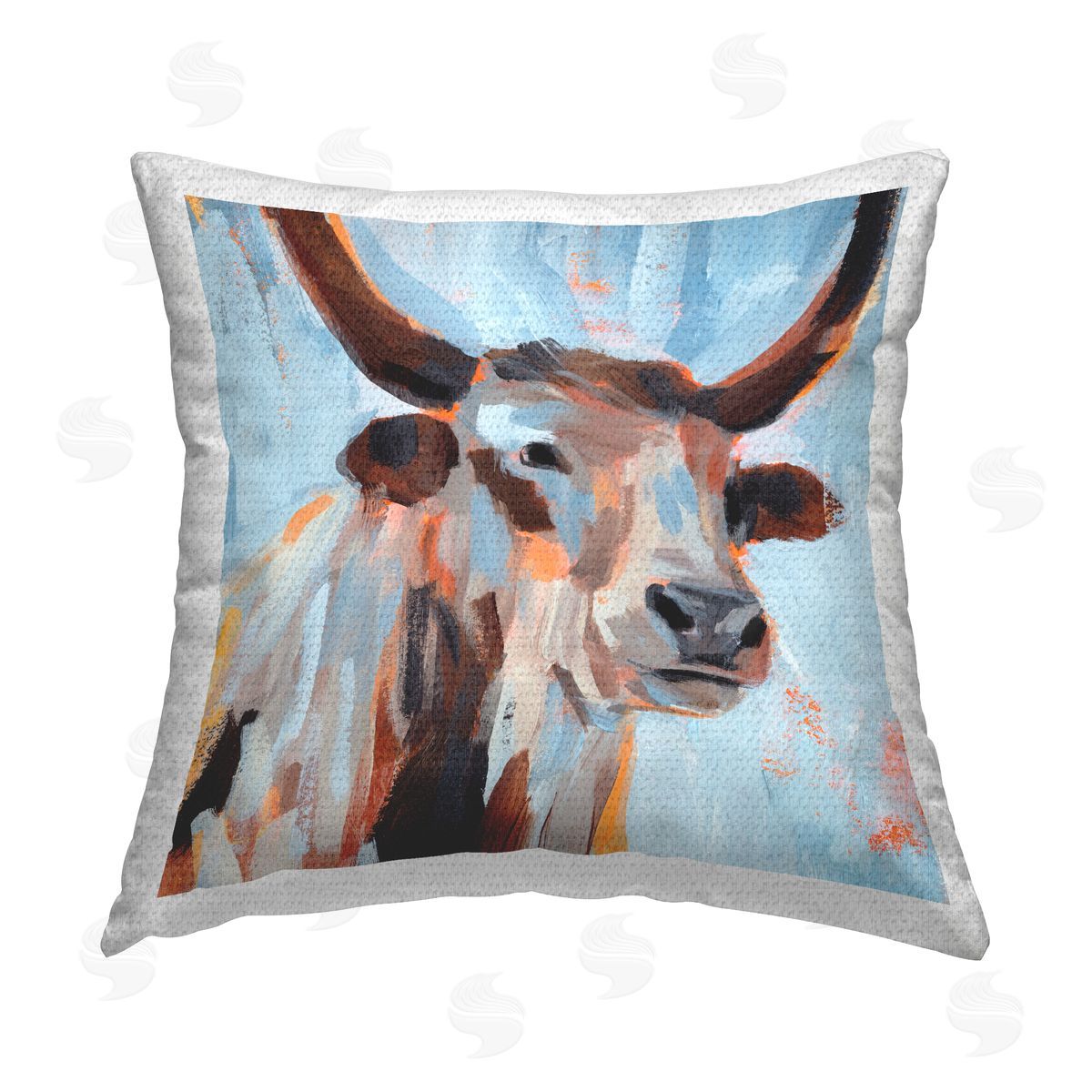 Modern Blue Longhorn Outdoor Printed Pillow, Home Decor by Annie Warren