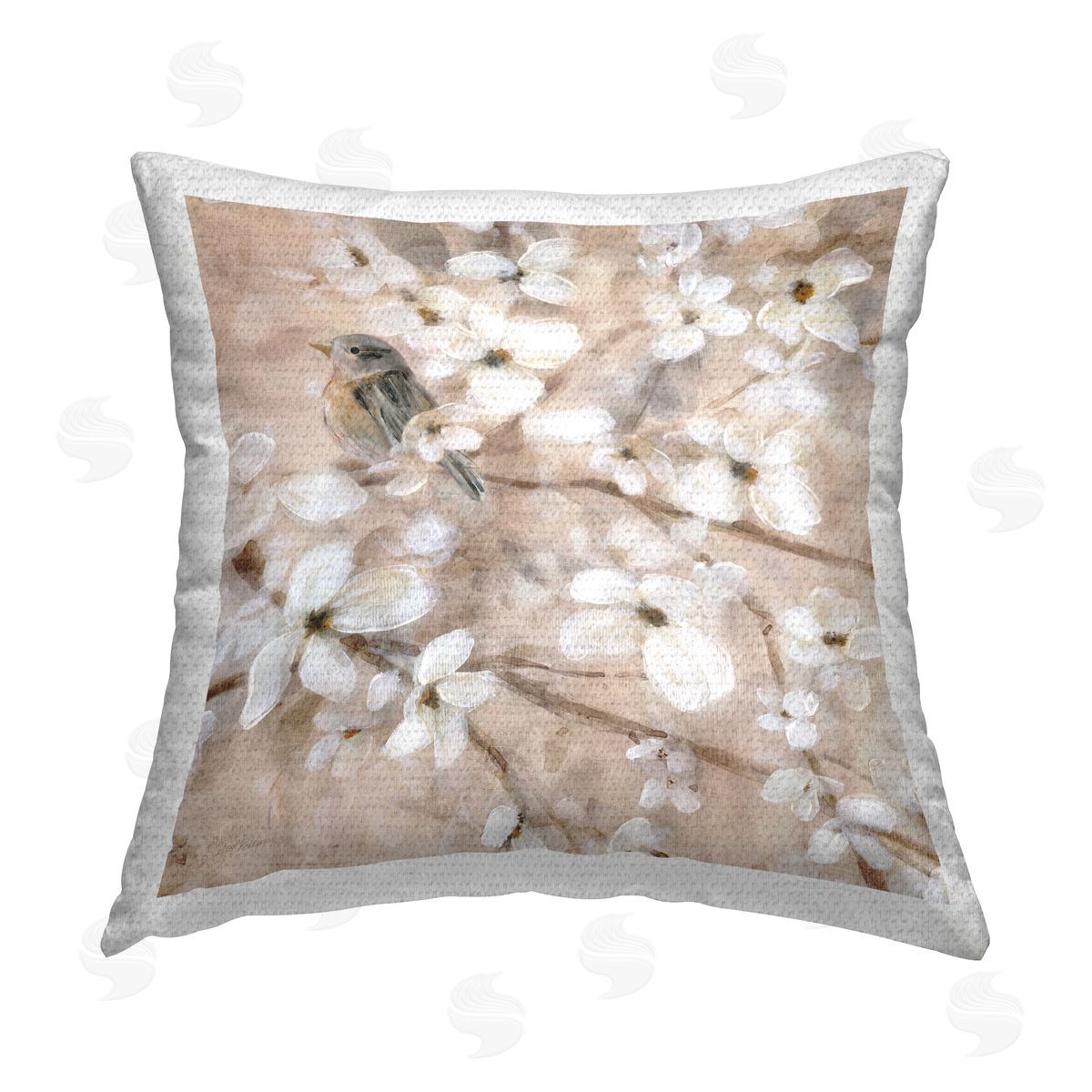 Bird Perched in Flowers Outdoor Printed Pillow, Home Decor by Carol Robinson