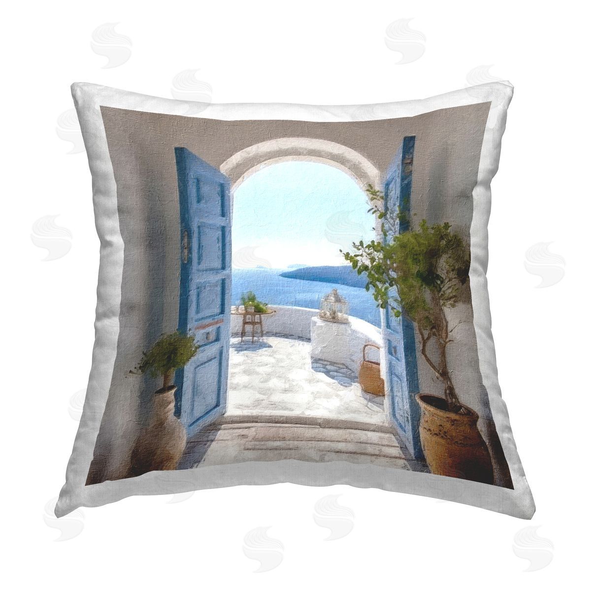 Blue Greek Door Scenery Decorative Printed Pillow, Home Decor by LSR Design Studio
