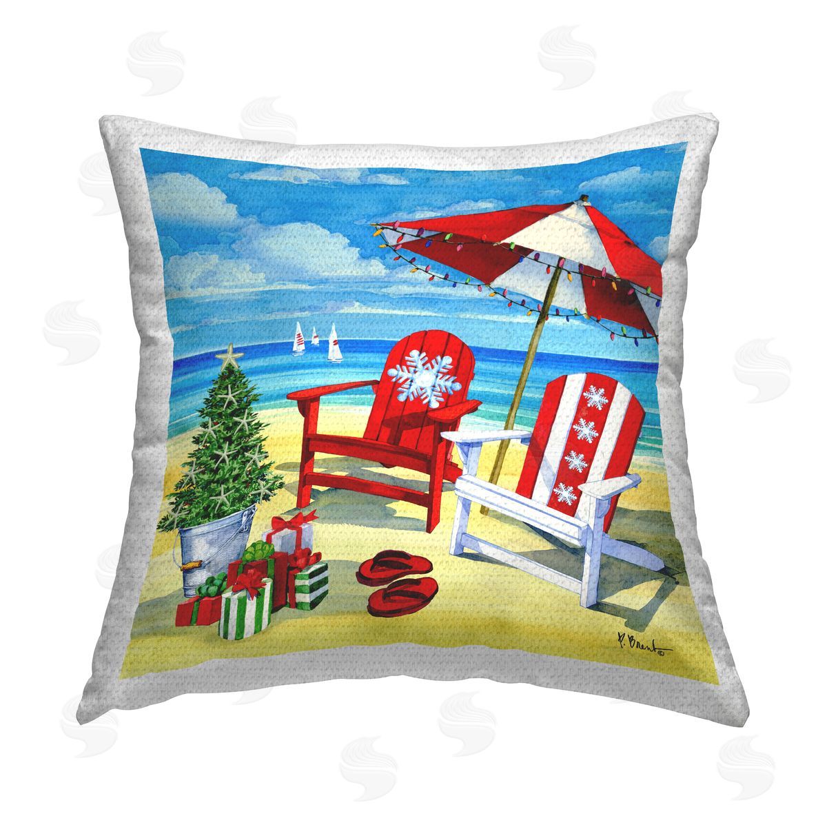 Snowflake Beach Christmas Scene Outdoor Printed Pillow, Home Decor by Paul Brent
