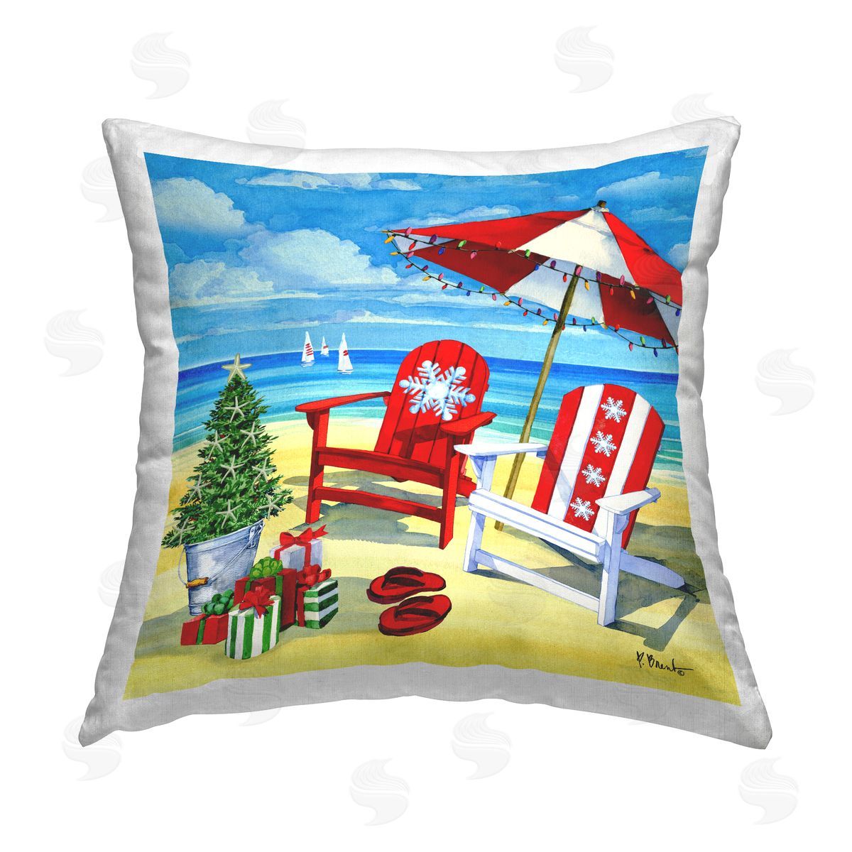 Snowflake Beach Christmas Scene Decorative Printed Pillow, Home Decor by Paul Brent