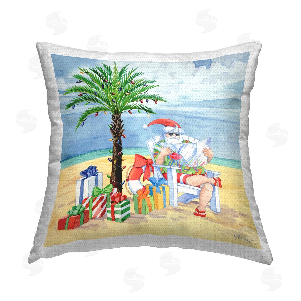 Tropical Christmas Santa Outdoor Printed Pillow, Home Decor by Paul Brent