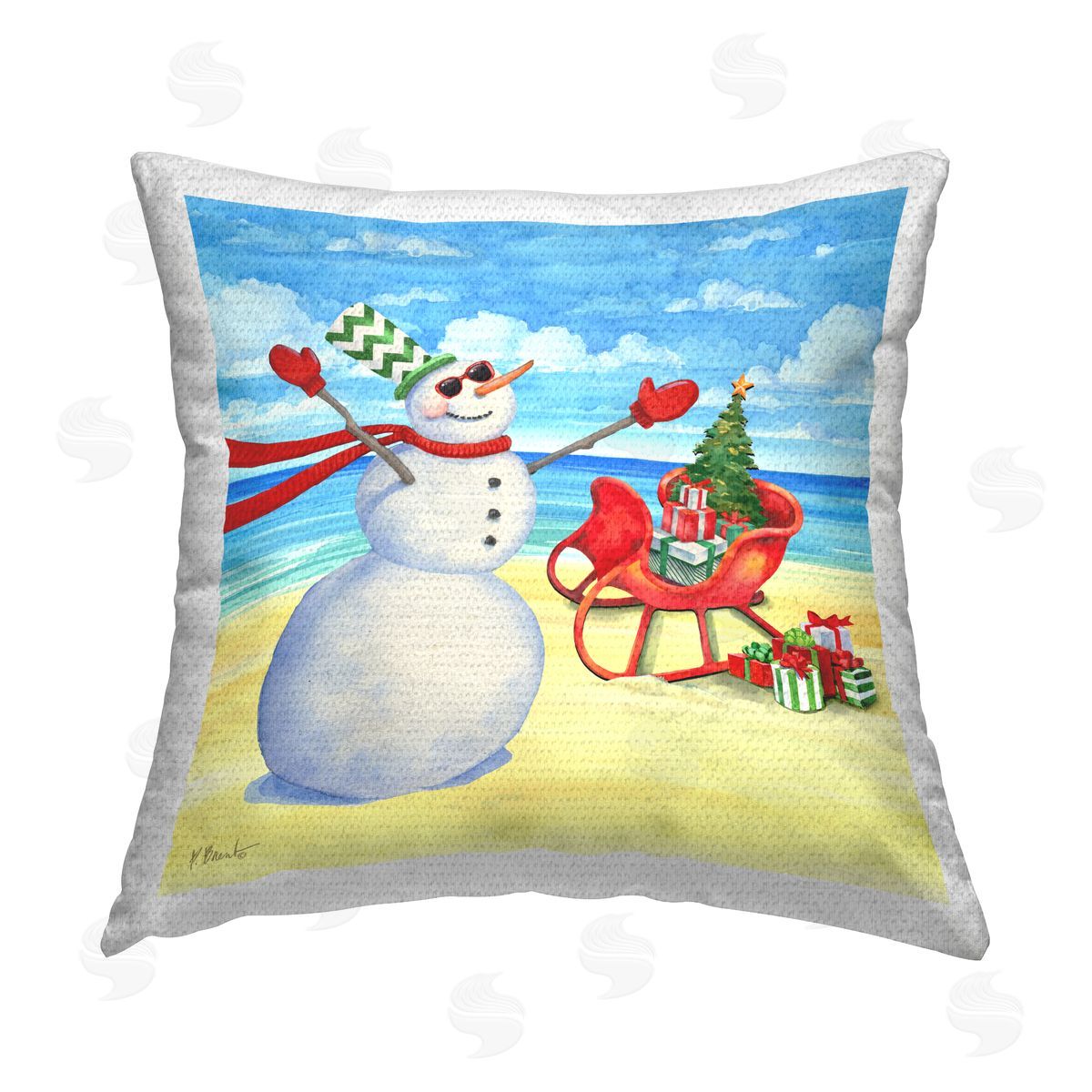 Coastal Christmas Snowman Outdoor Printed Pillow, Home Decor by Paul Brent