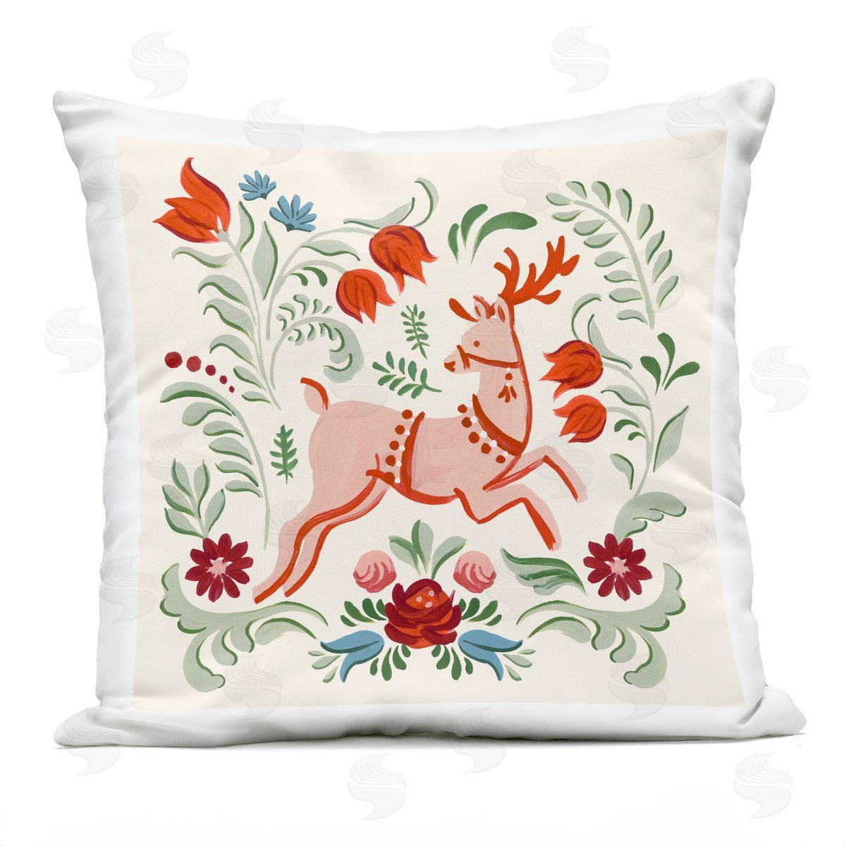 Victoria Barnes Pink & Green Floral Reindeer Plush Polyester Art Print Pillow
