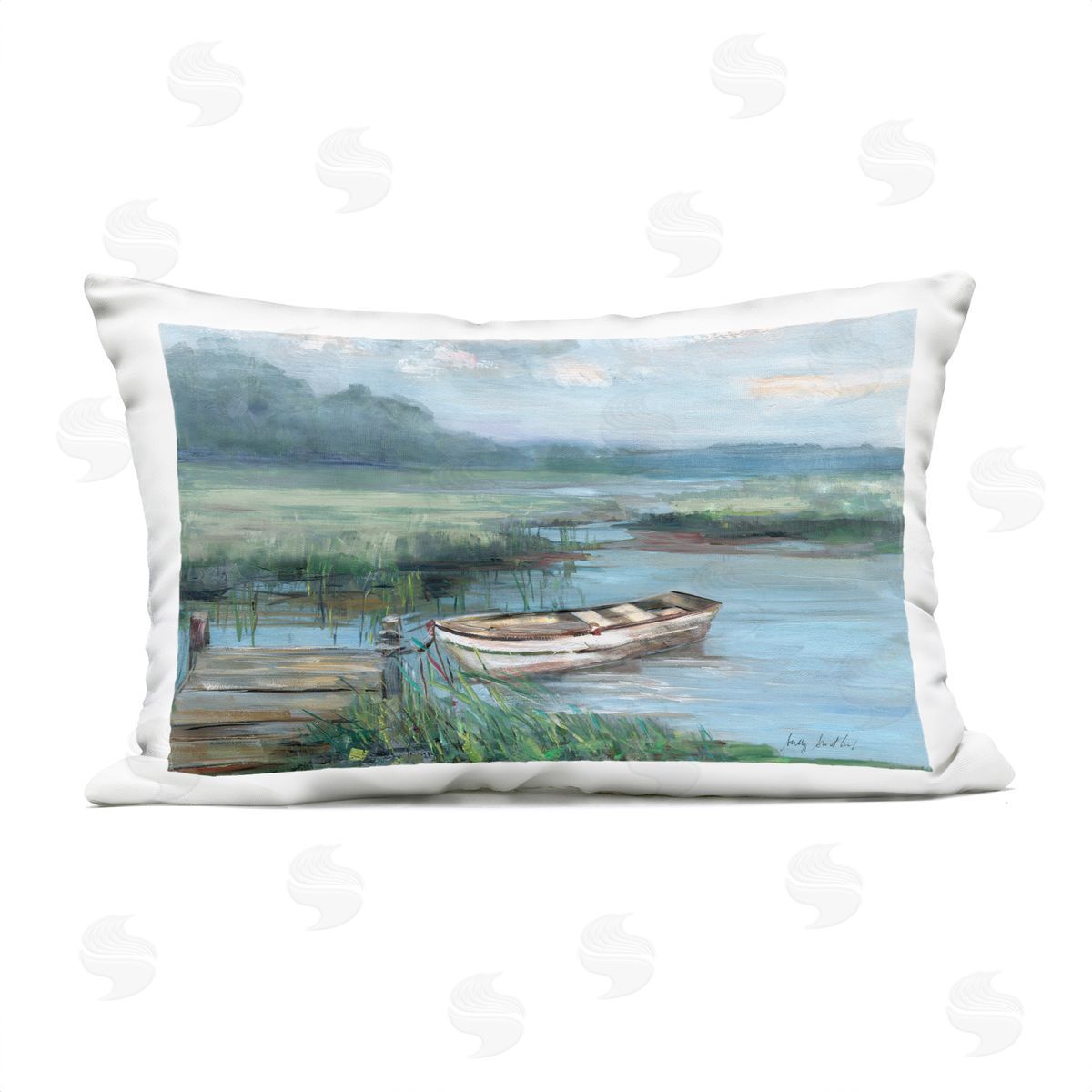 Sally Swatland Docked Rowboat at Lake's Edge Plush Polyester Art Print Pillow