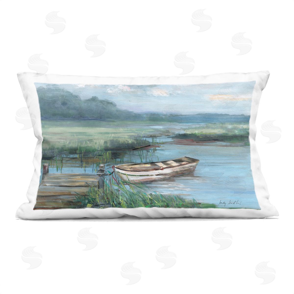 Sally Swatland Docked Rowboat at Lake's Edge Plush Polyester Art Print Pillow