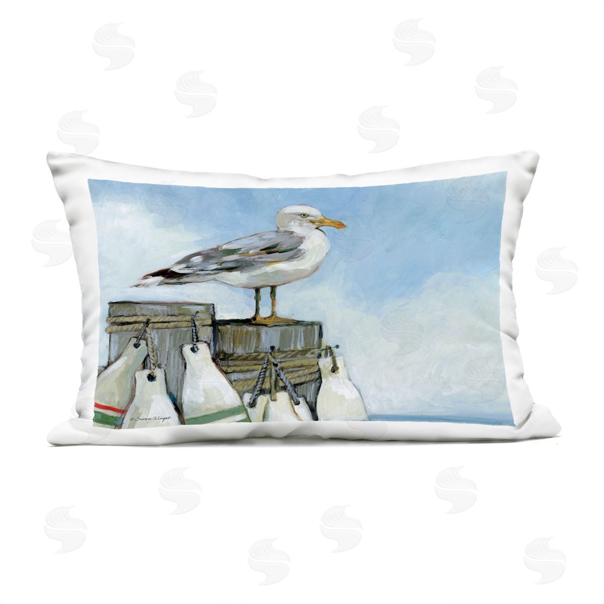 Susan Winget Seagull On Pier With Buoy Plush Polyester Art Print Pillow