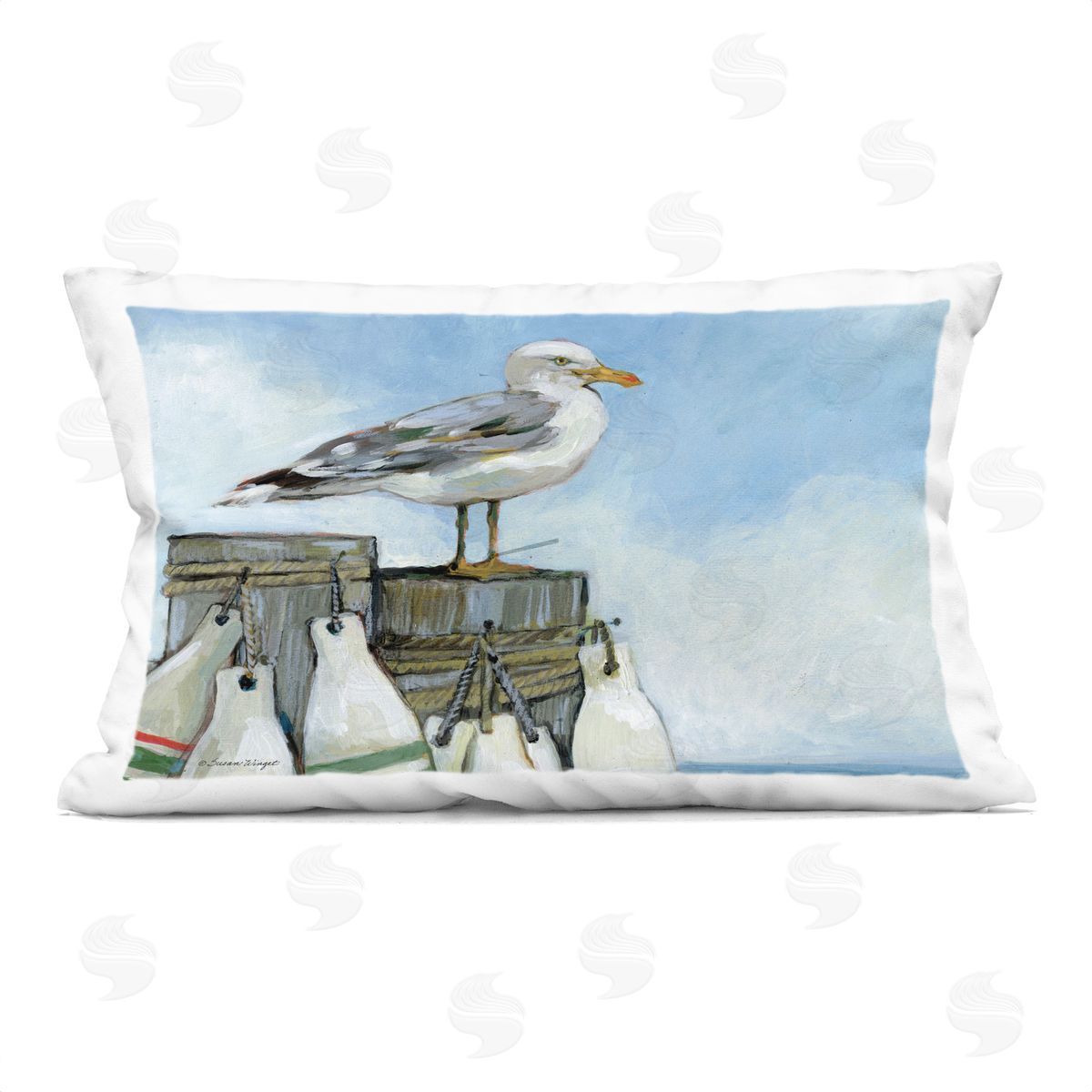 Susan Winget Seagull On Pier With Buoy Plush Polyester Art Print Pillow