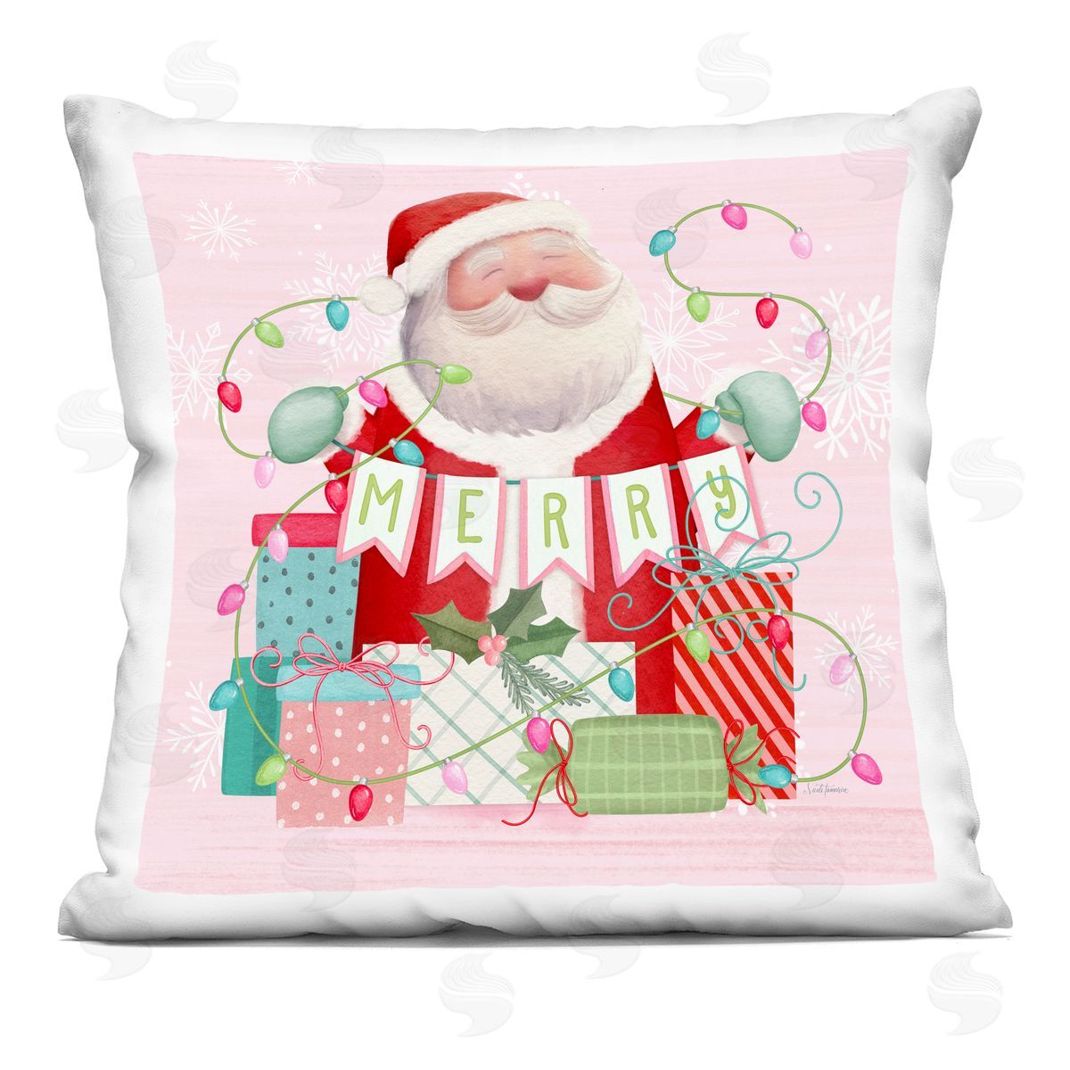 Nicole Tamarin Merry Pinkmas Santa Plush Polyester Art Print Pillow