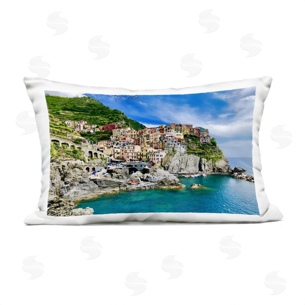 LSR Creative Studio Townscape By The Sea Plush Polyester Art Print Pillow