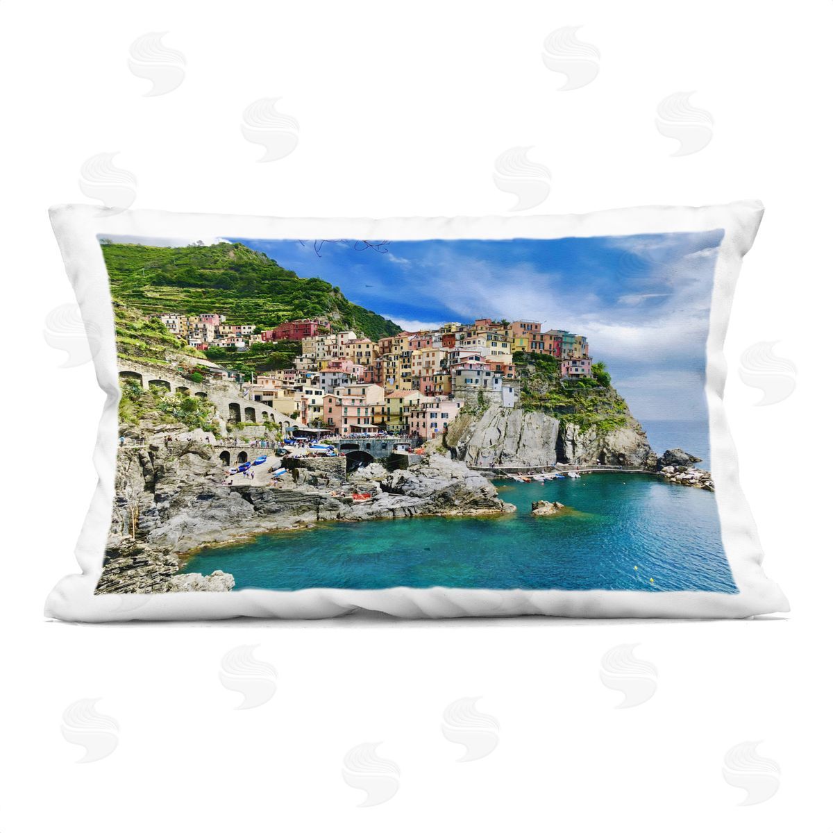 LSR Creative Studio Townscape By The Sea Plush Polyester Art Print Pillow