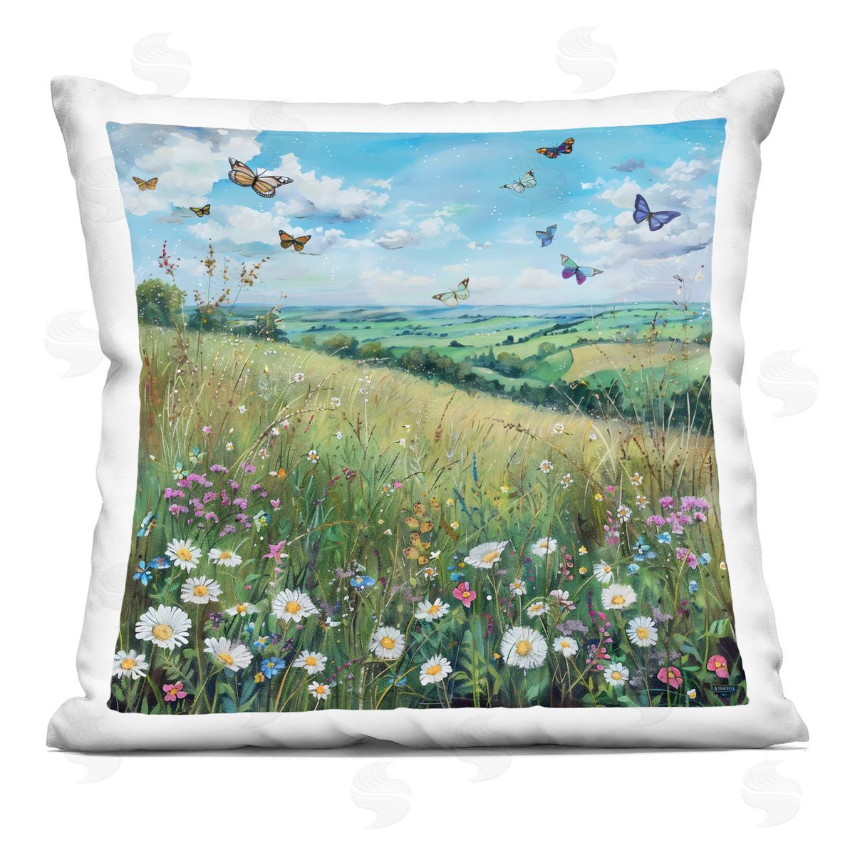 LSR Creative Studio Butterflies In Tranquil Meadow Plush Polyester Art Print Pillow