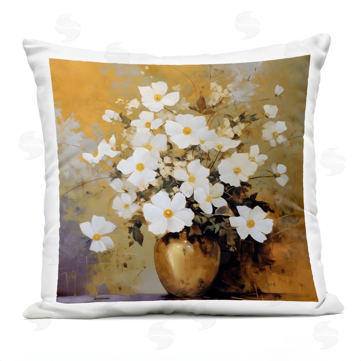 LSR Creative Studio Golden Vase with Daisies Plush Polyester Art Print Pillow