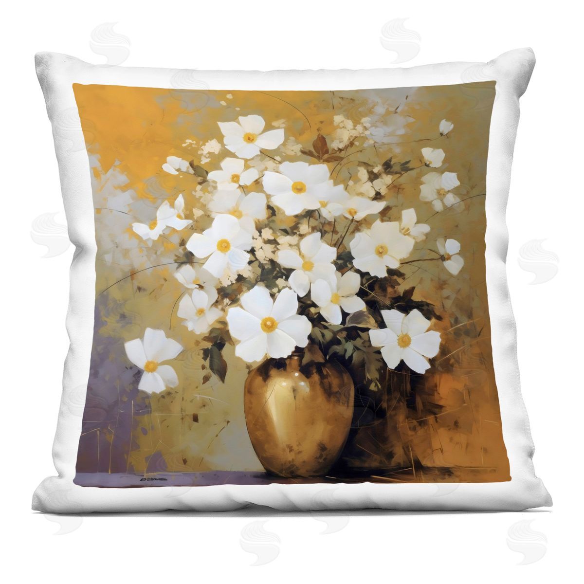 LSR Creative Studio Golden Vase with Daisies Plush Polyester Art Print Pillow
