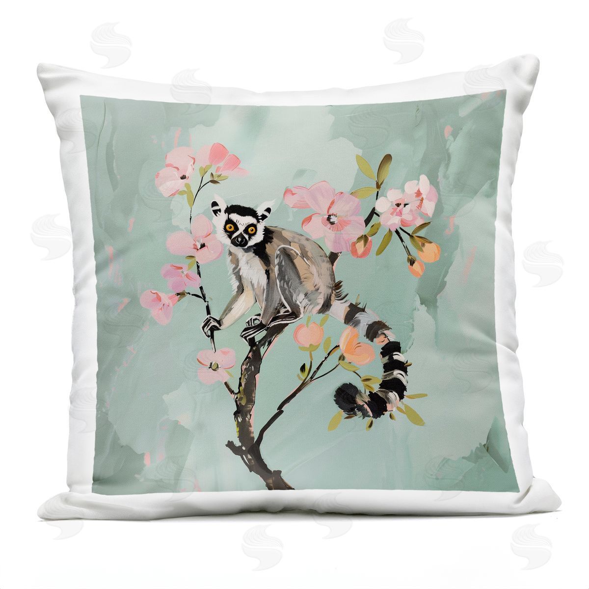 Amanda Tsoukanelis Lemur Perched on Spring Blooms Plush Polyester Art Print Pillow