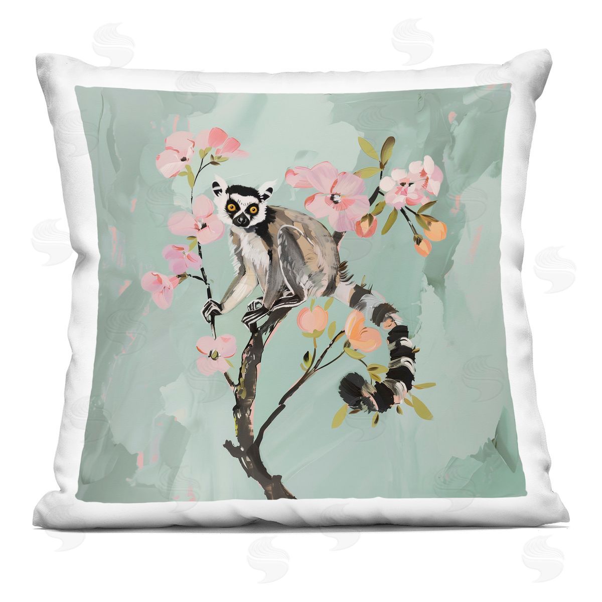 Amanda Tsoukanelis Lemur Perched on Spring Blooms Plush Polyester Art Print Pillow