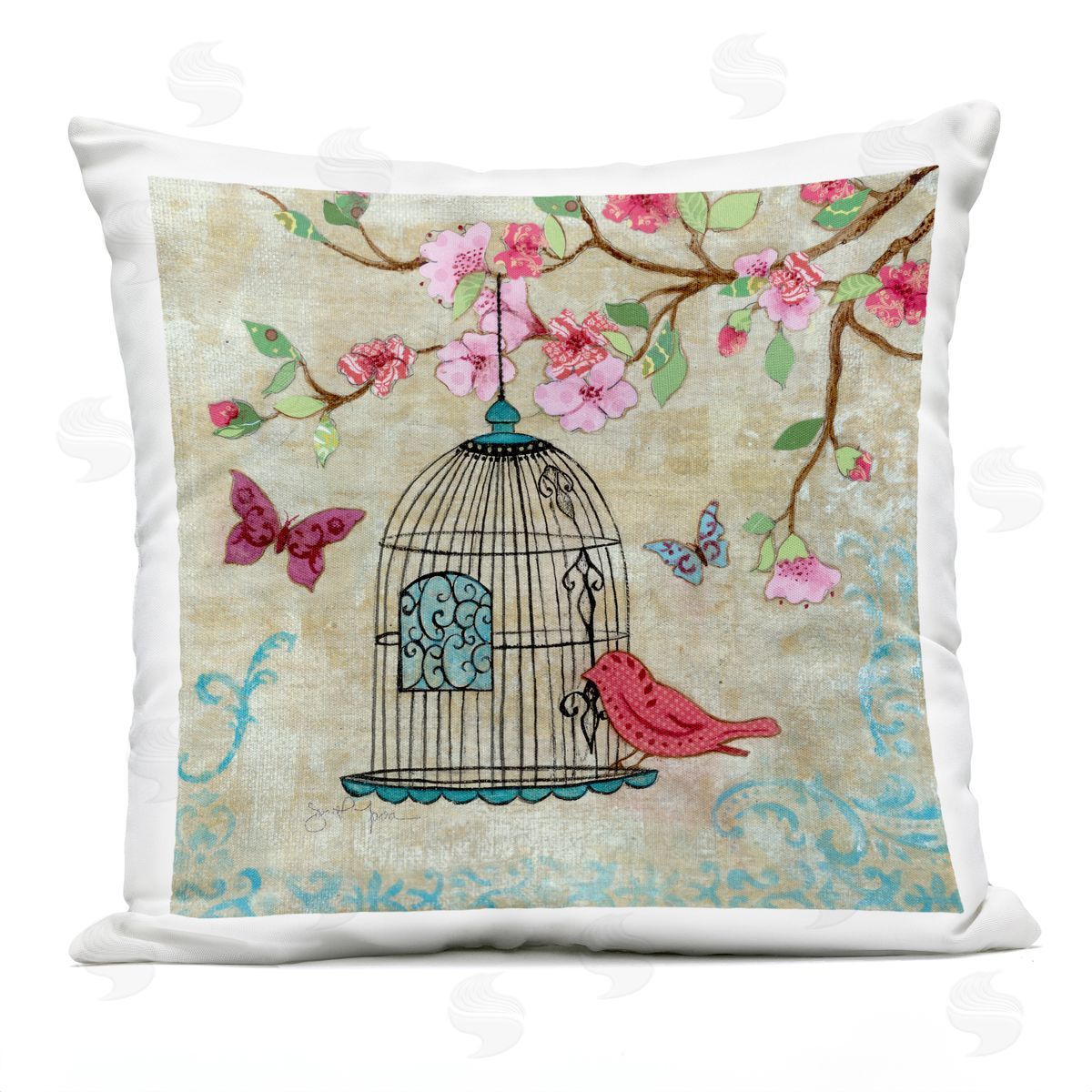 Janet Tava Spring Fling Bird Scene Plush Polyester Art Print Pillow