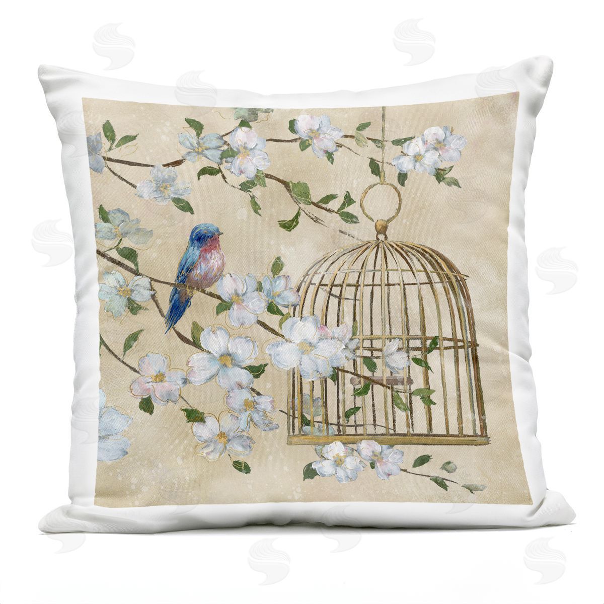 Nan Evening Song Birdcage Over Beige Plush Polyester Art Print Pillow